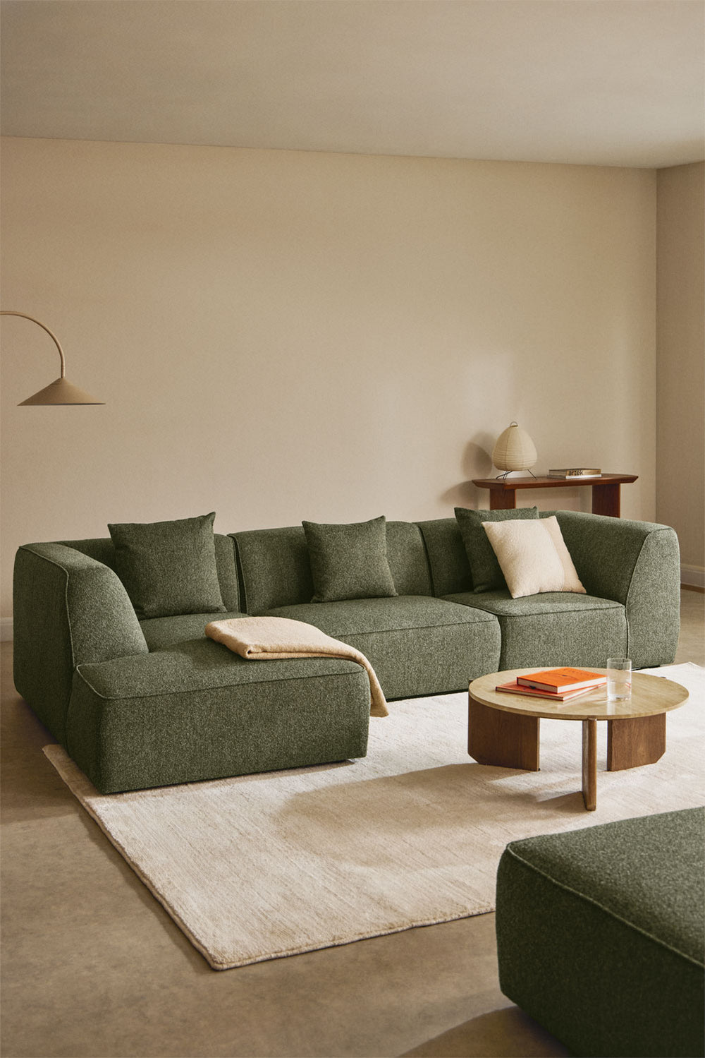 Modulinė sofa BASTIENA, rudos mokos boucle, 6 dalys su dešiniuoju gultu
