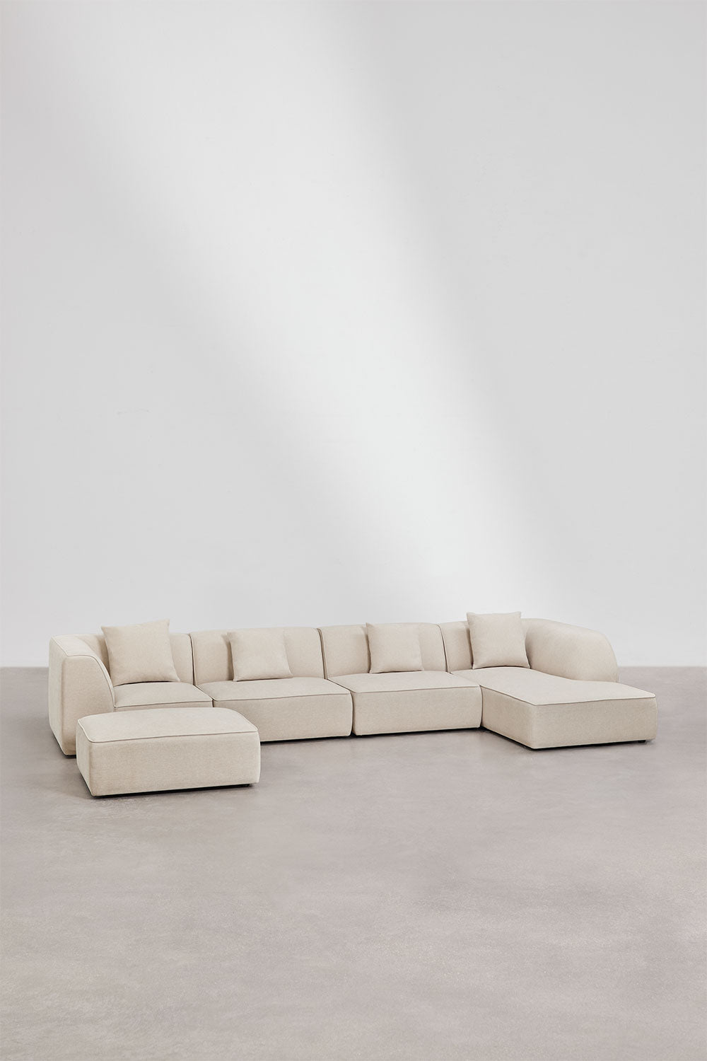 Modulinė sofa KARDENA su dešiniuoju gultu ir pufu, kreminis šenilas, 4 dalys