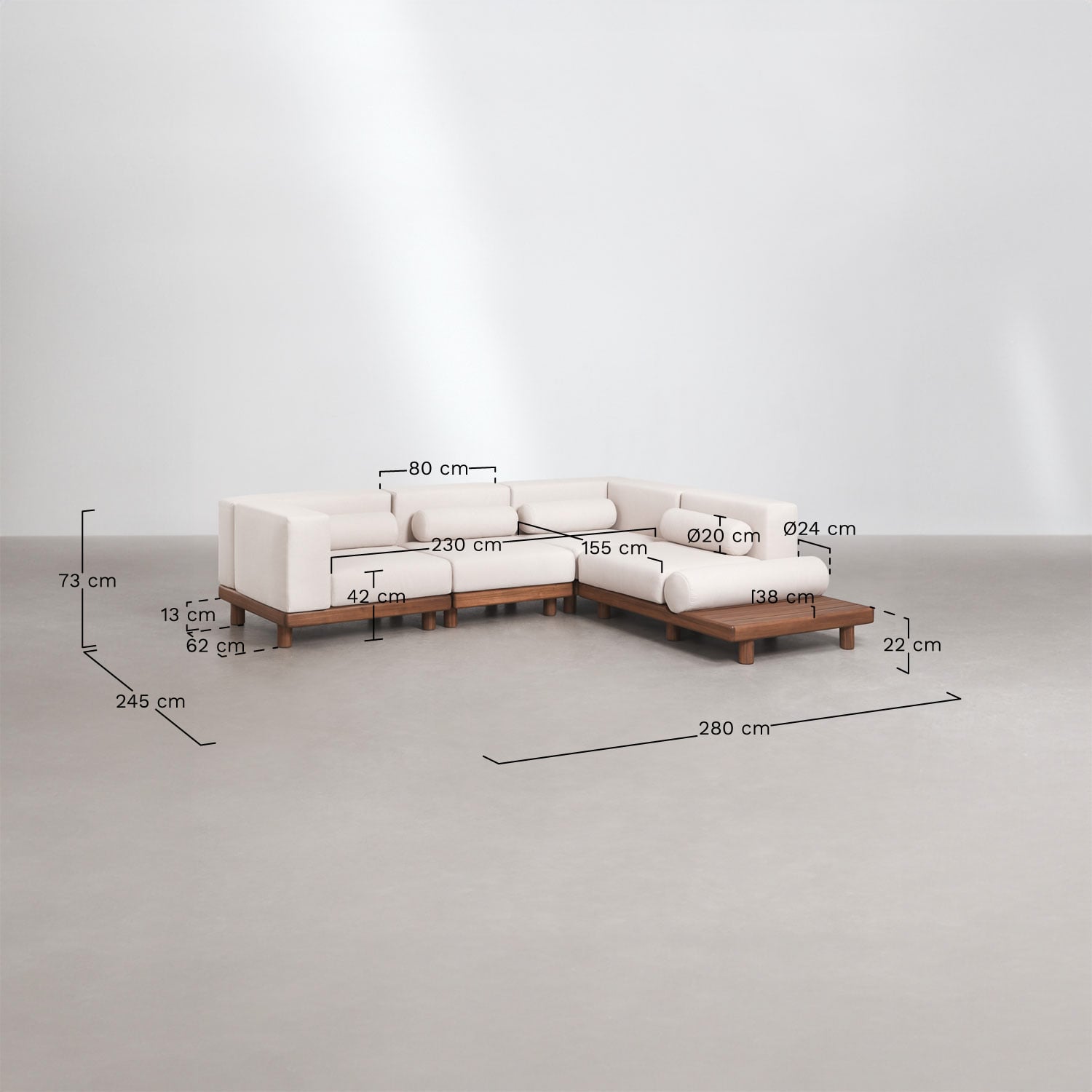 Modulinė 4 dalių lauko sofa KORKO su šoniniu staliuku, akacija