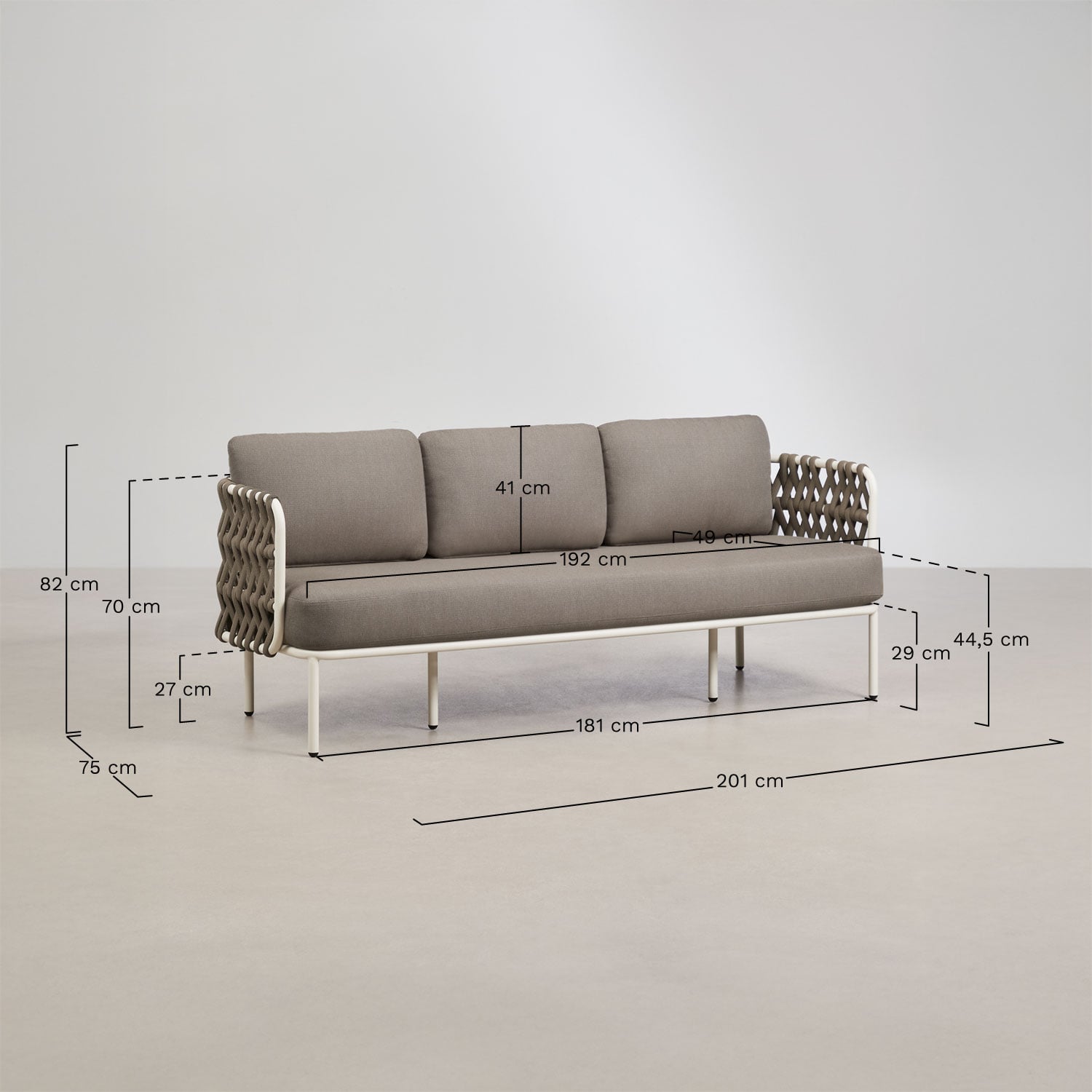 Lauko sofa TEVARY, trivietė, pinto dizaino, kreminė
