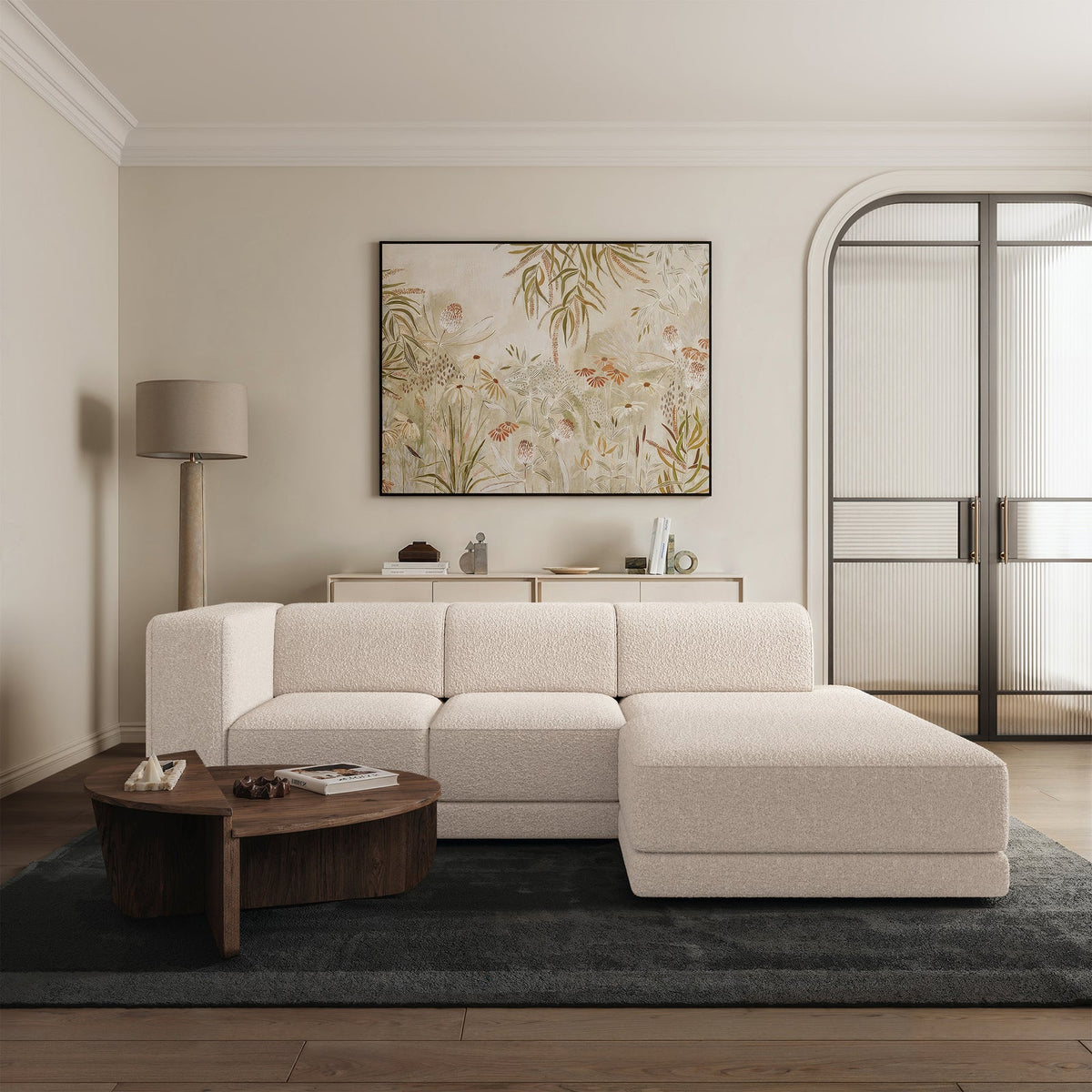 Kampinė sofa-lova NOVALS, kreminė bouclė