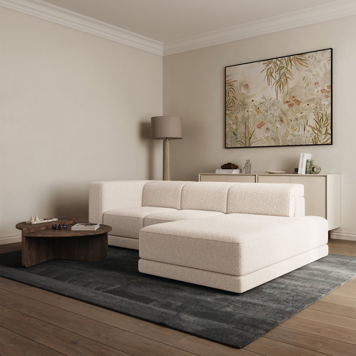 Kampinė sofa-lova NOVALS, kreminė bouclė