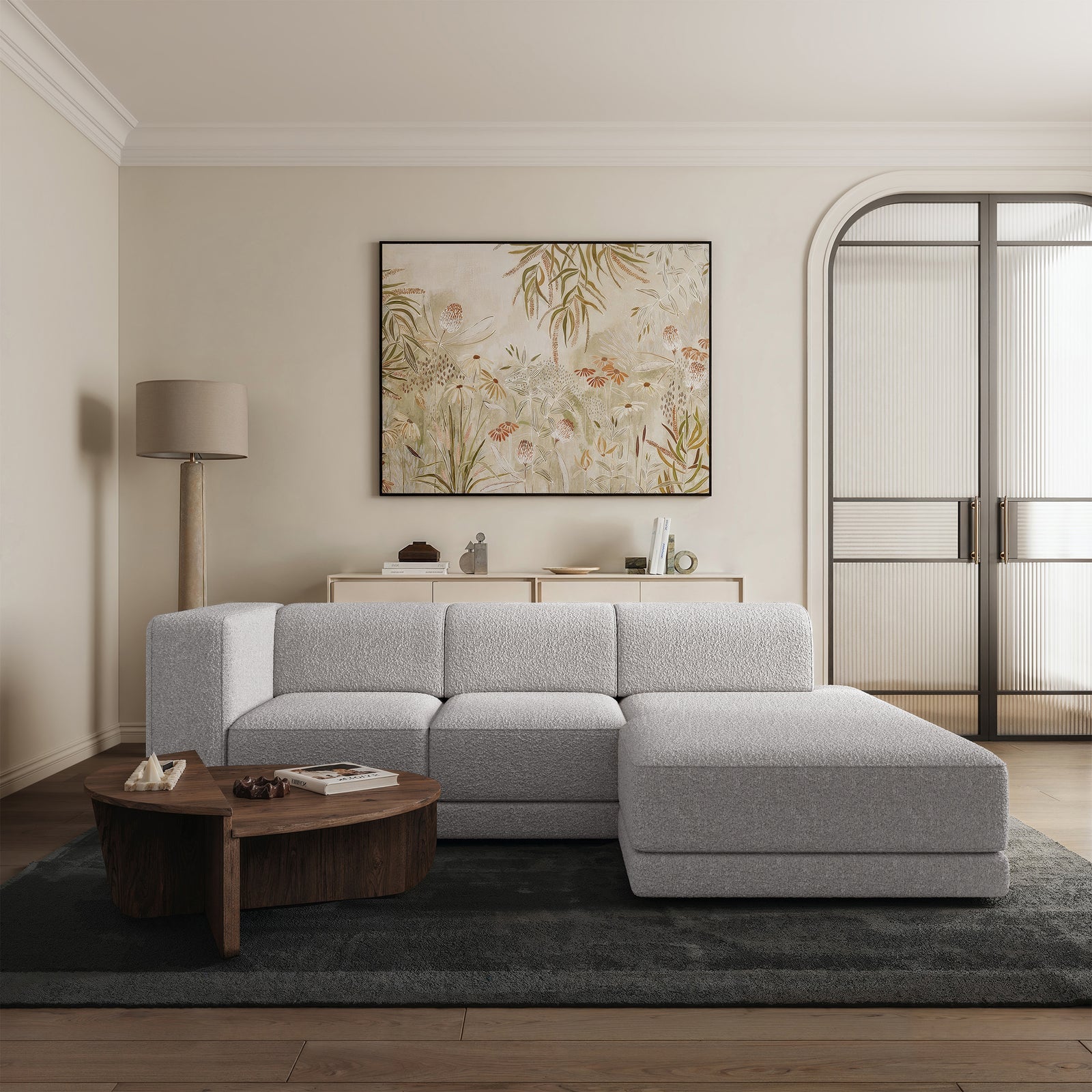 Kampinė sofa-lova NOVALS, šviesiai pilka bouclė