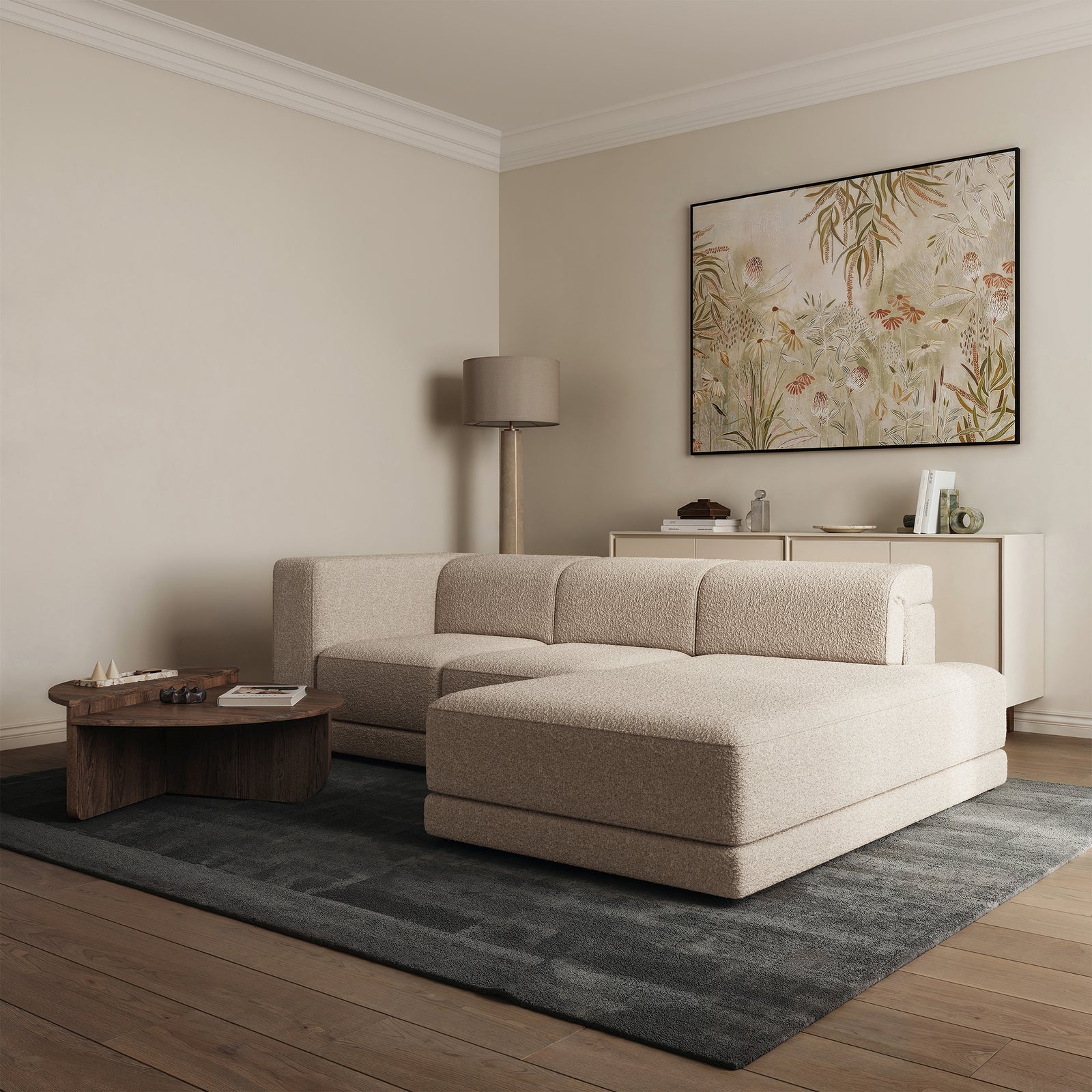 Kampinė sofa-lova NOVALS, šviesiai smėlinė bouclė
