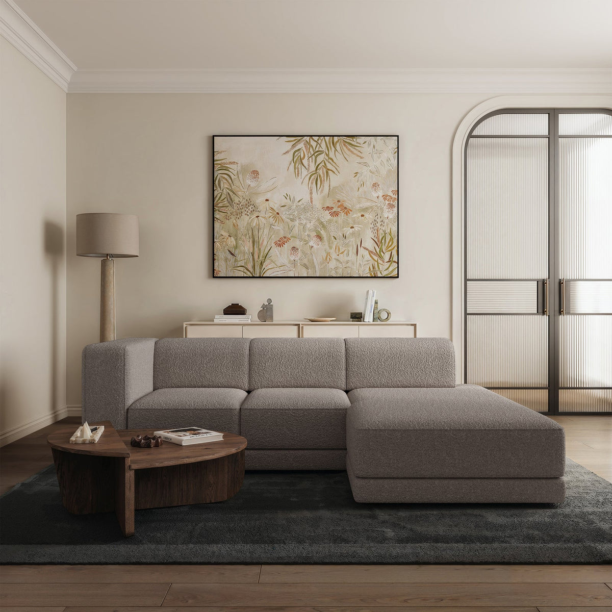 Kampinė sofa-lova NOVALS, pilkai smėlinė bouclė