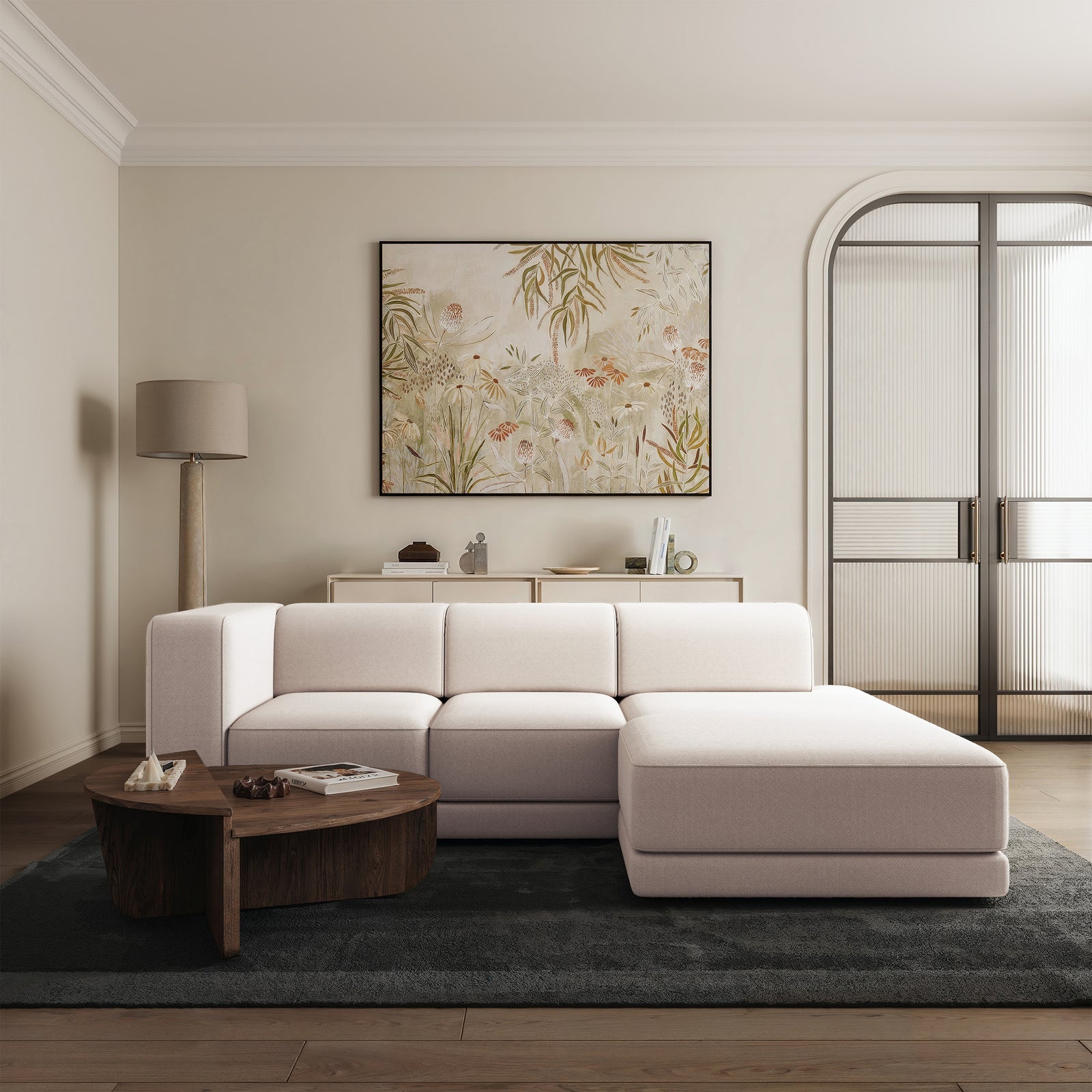 Kampinė sofa-lova NOVALS, kreminė šenilas