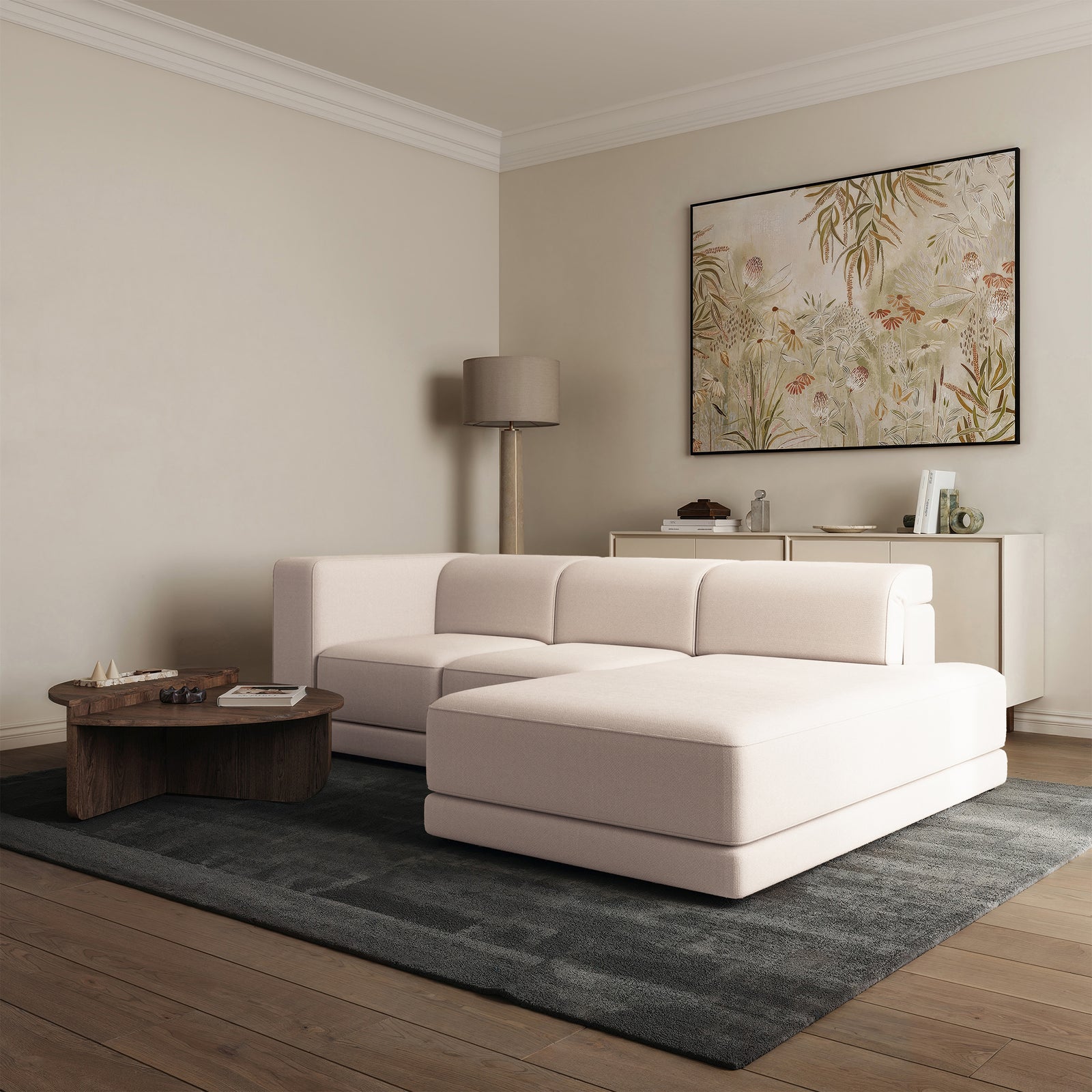 Kampinė sofa-lova NOVALS, kreminė šenilas