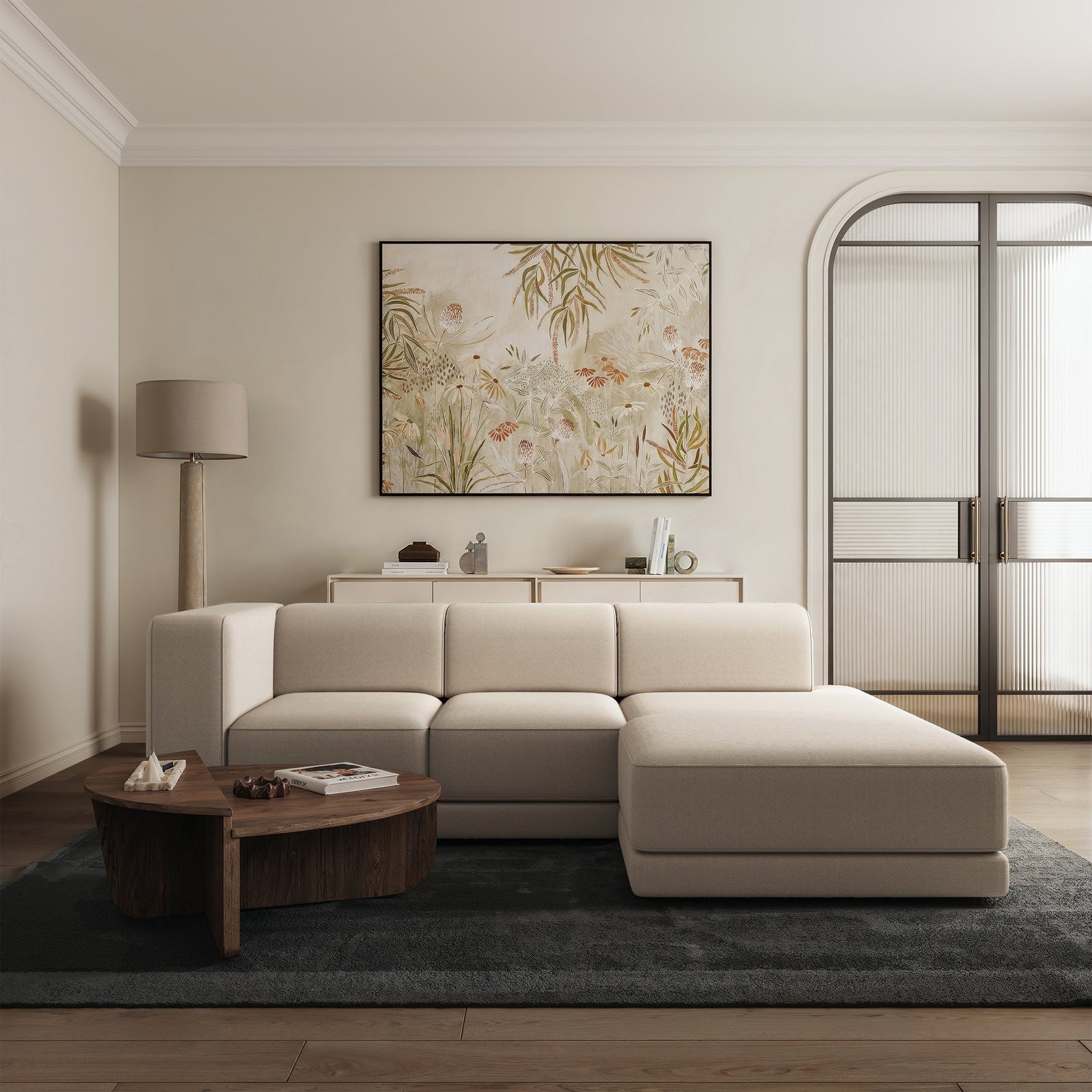 Kampinė sofa-lova NOVALS, smėlinė šenilas