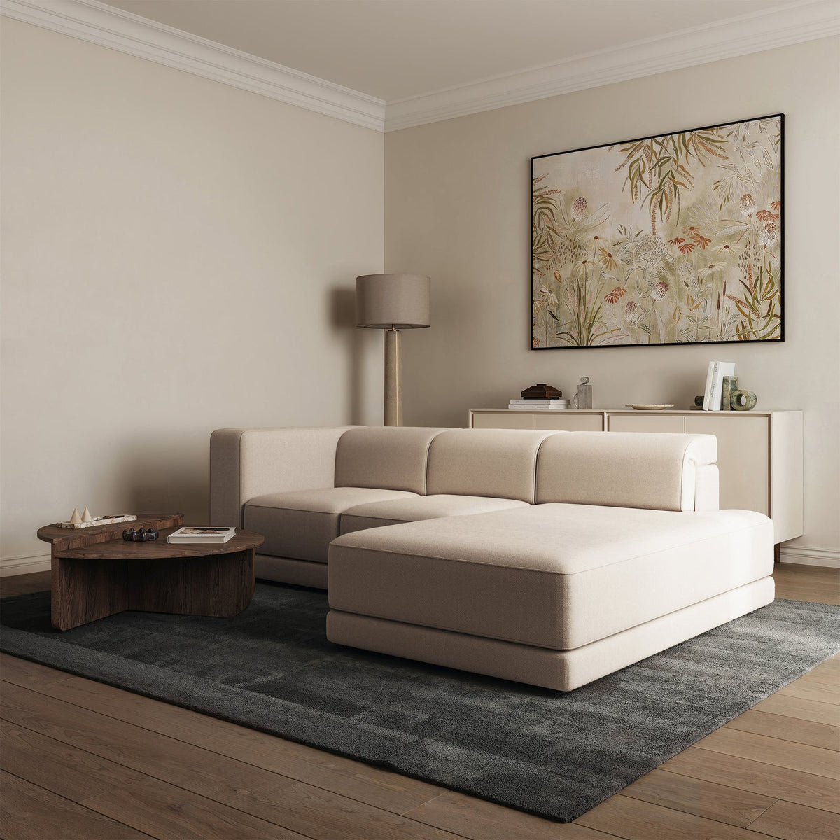 Kampinė sofa-lova NOVALS, smėlinė šenilas