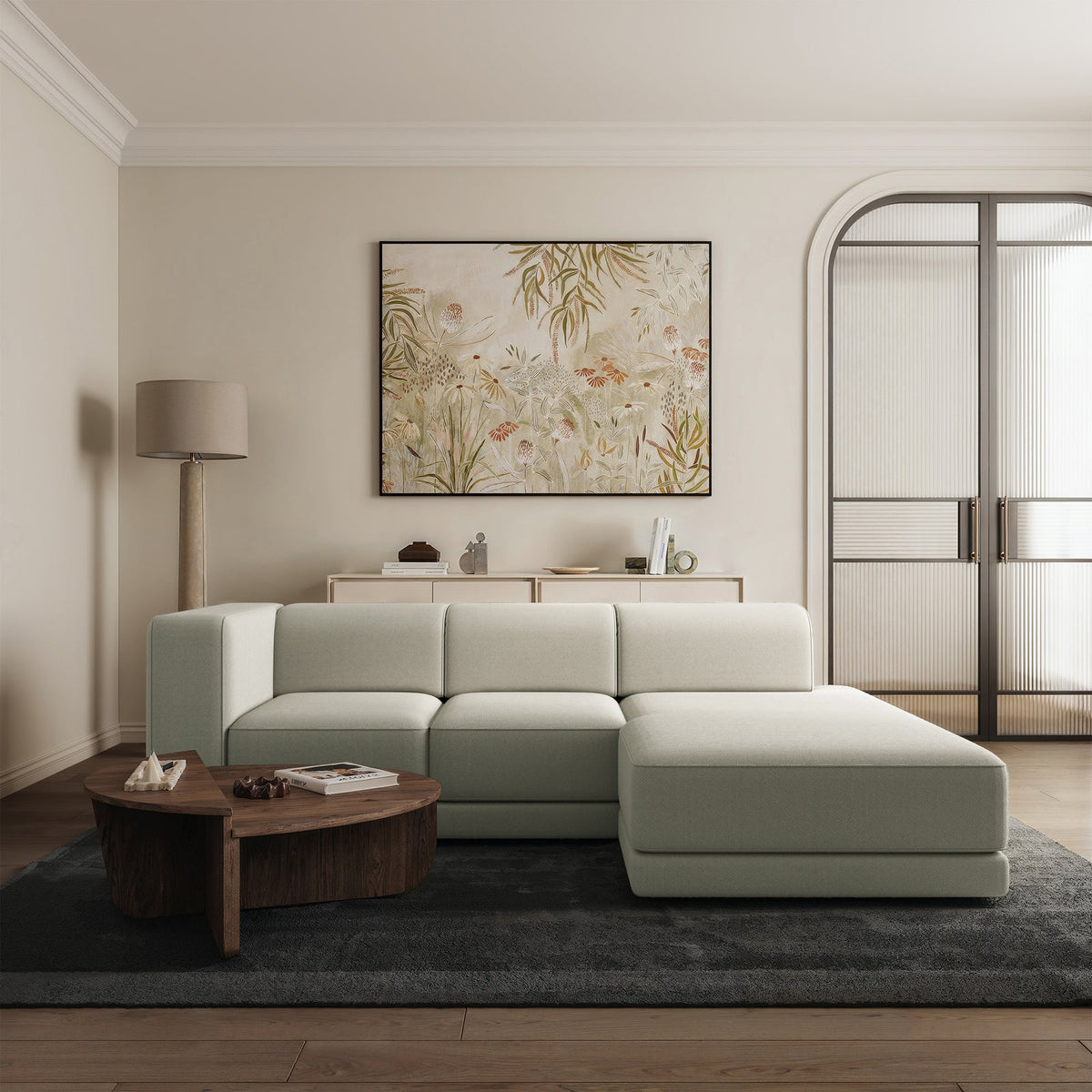 Kampinė sofa-lova NOVALS, pilkai smėlinė šenilas