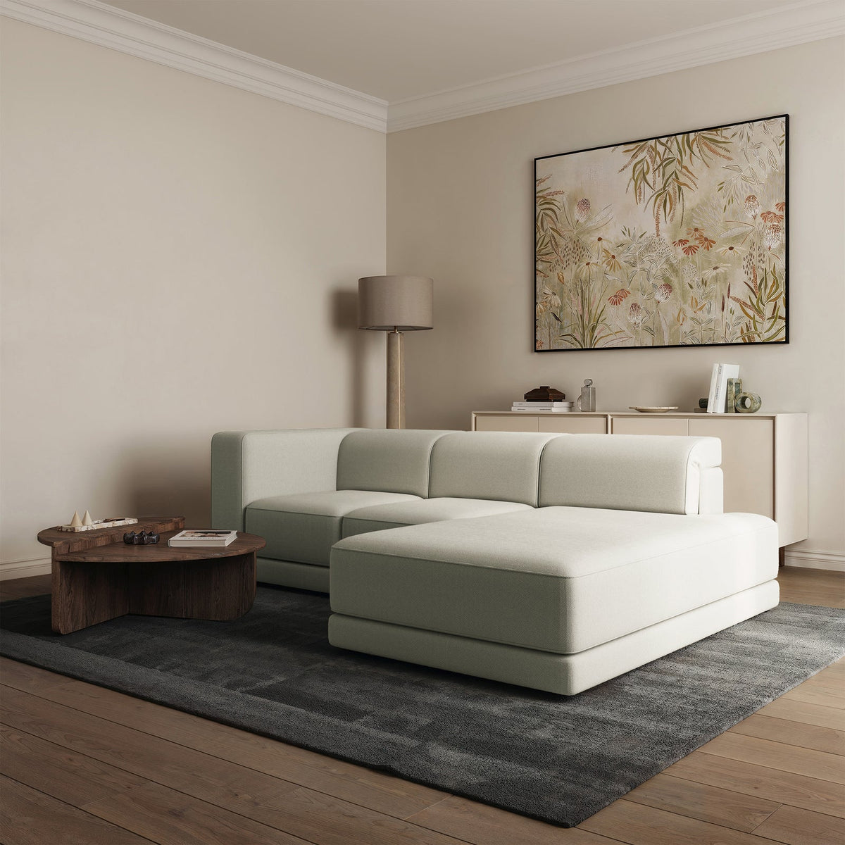 Kampinė sofa-lova NOVALS, pilkai smėlinė šenilas