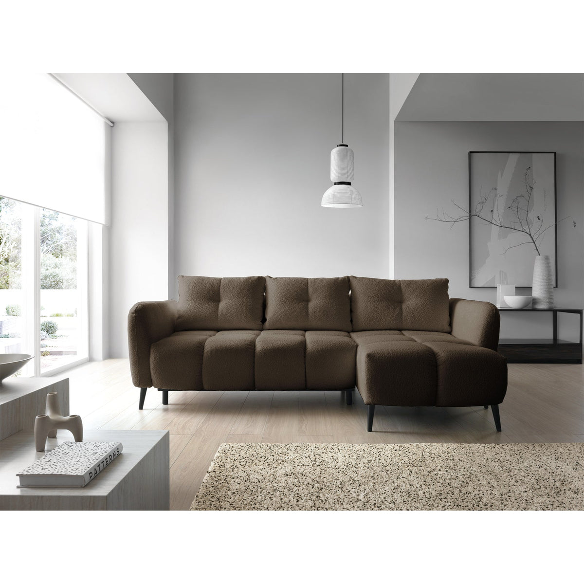 Kampinė sofa RIONACH, rudas, dešinė – naudojimo pavyzdys
