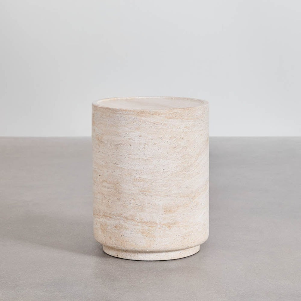CIMENTO round outdoor table, 35 cm, travertine pattern