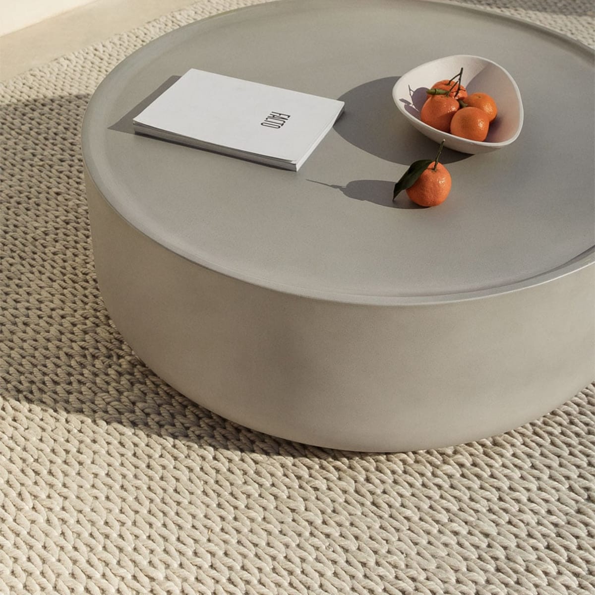 CIMENTO round cement outdoor coffee table, sand grey