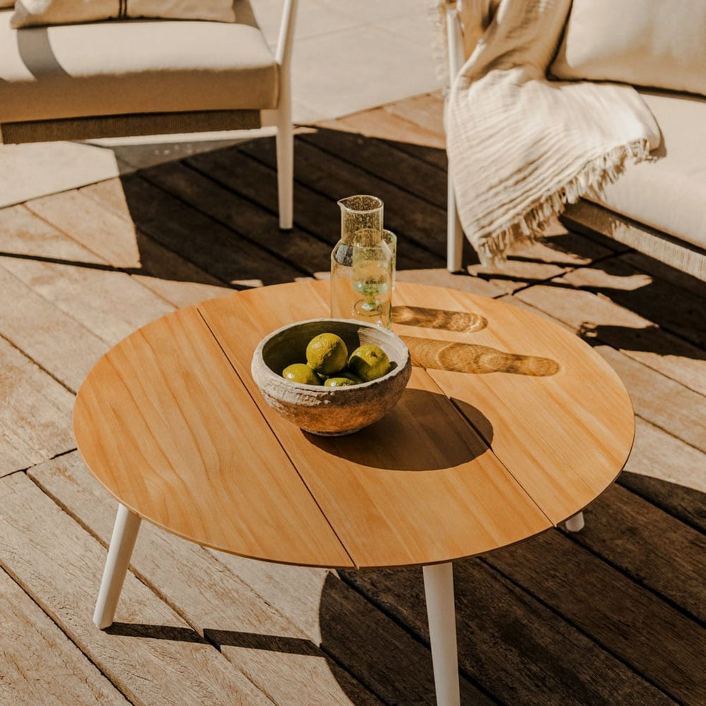 Round coffee table TIKALO, white, teak wood