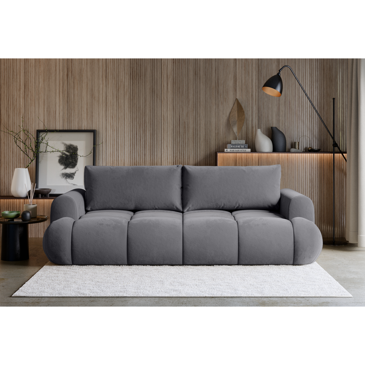 Sofa-lova TARRA, šviesiai pilka stilingoje aplinkoje