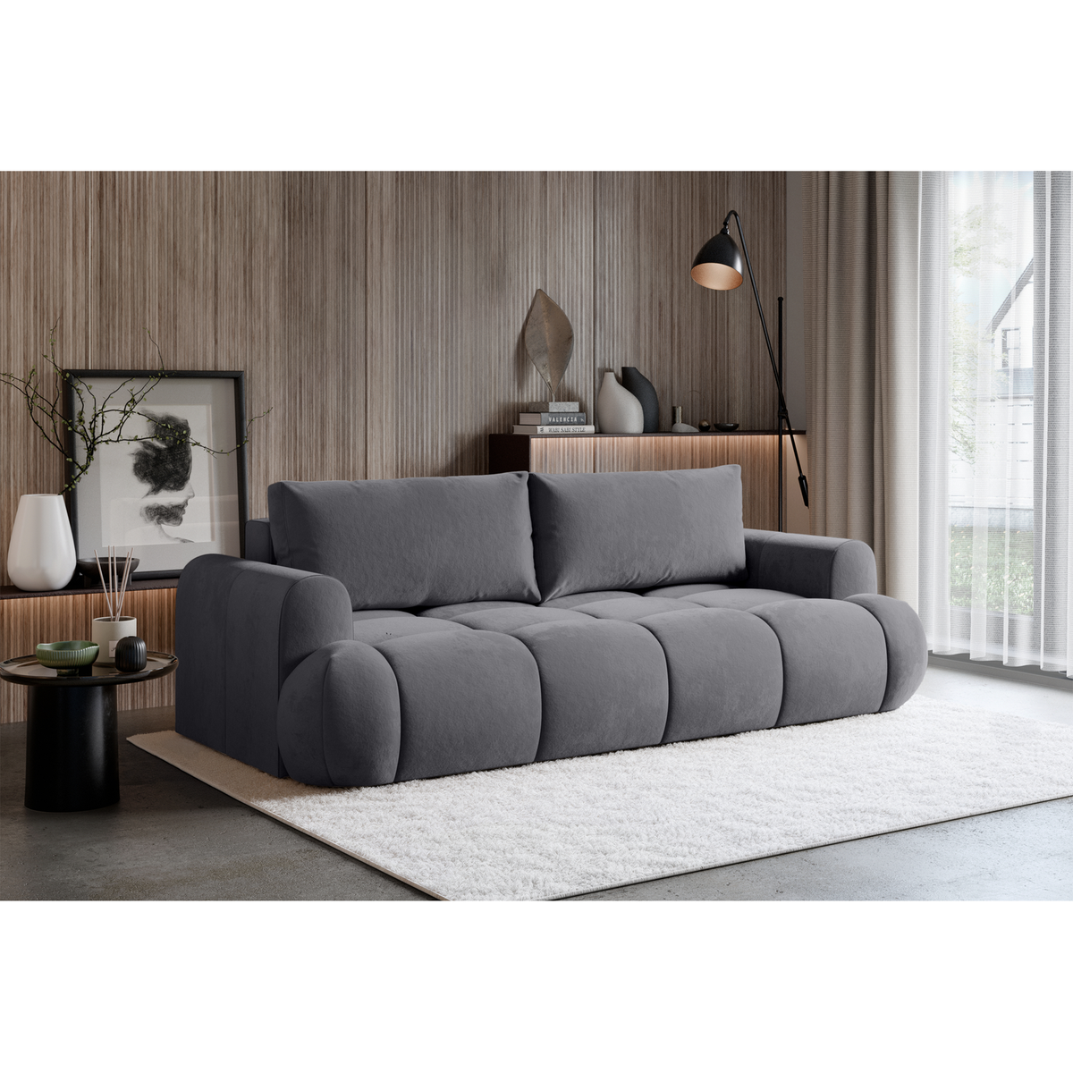 Sofa-lova TARRA, šviesiai pilka su pledu ir pagalvėmis
