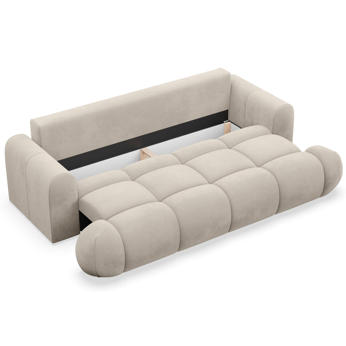 Sofa-lova TARRA, smėlinė – atidaryta patalynės dėžė