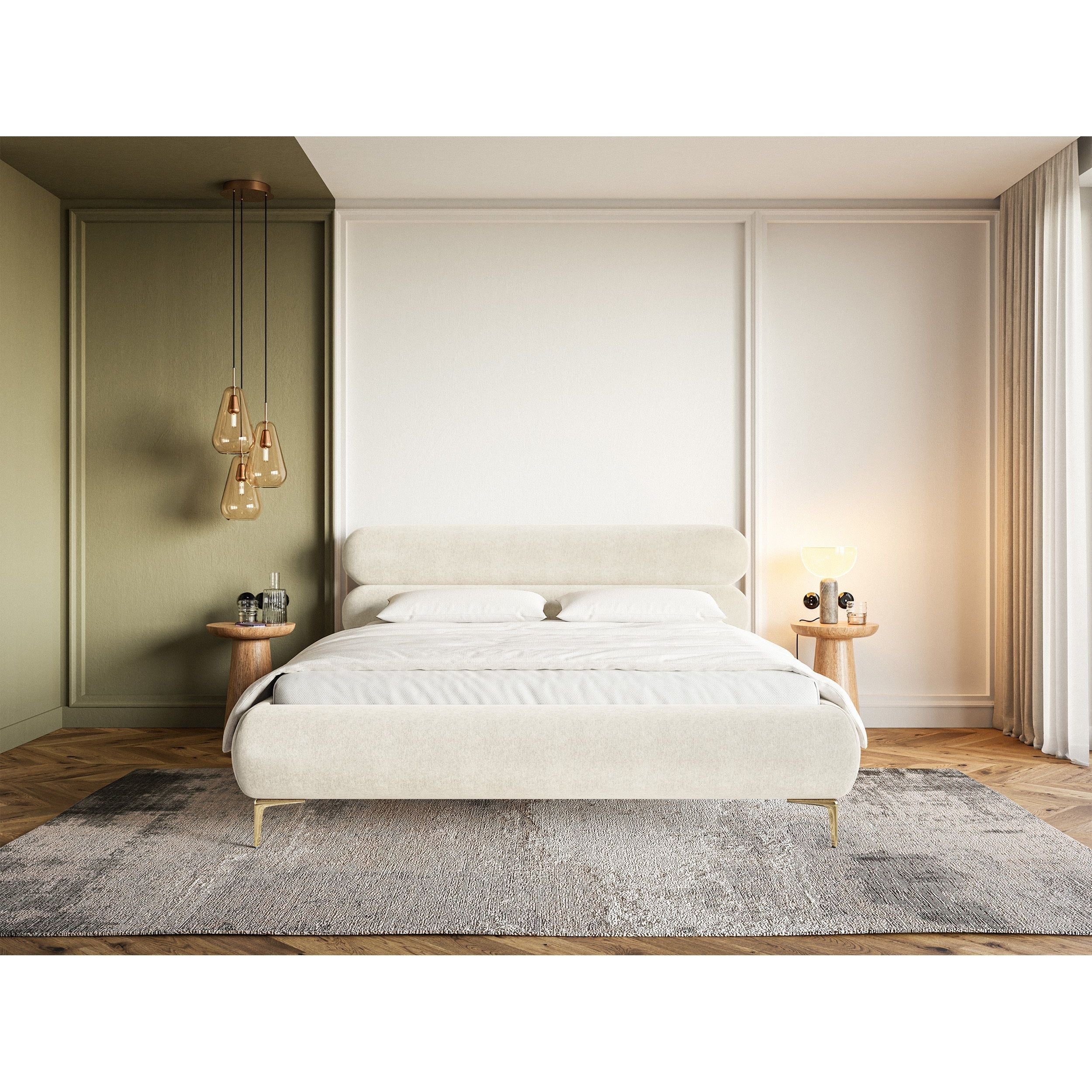Minkšta lova 180x200 cm ROUL, kreminė spalva, su patalynės dėže, aksomas, auksinės spalvos kojos