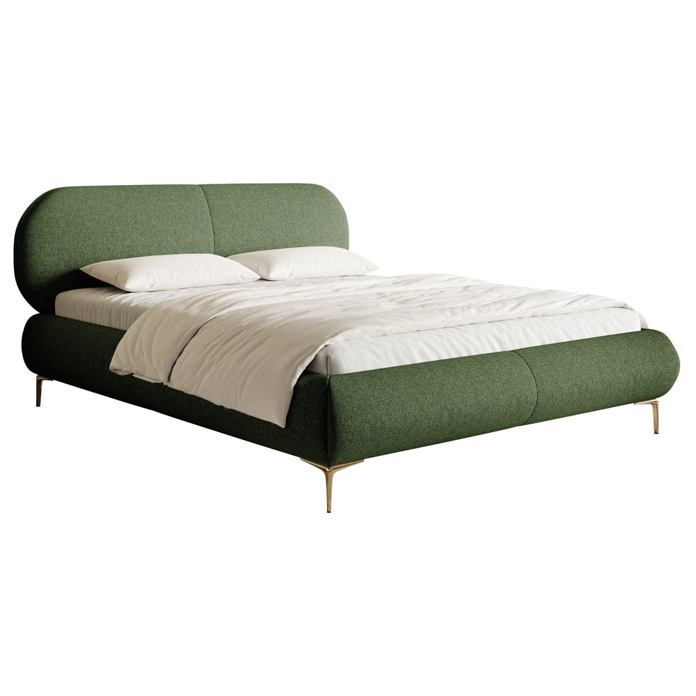 Minkšta lova 160x200 cm AVALLE, alyvuogių žalia spalva, su patalynės dėže, auksinės spalvos kojos