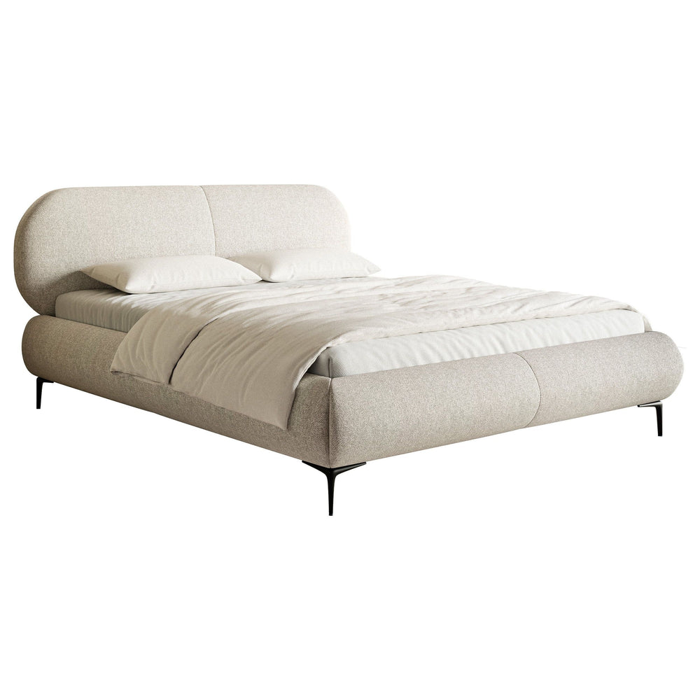 Minkšta lova 180x200 cm AVALLE, šviesiai smėlio spalvos, su patalynės dėže, juodos kojos