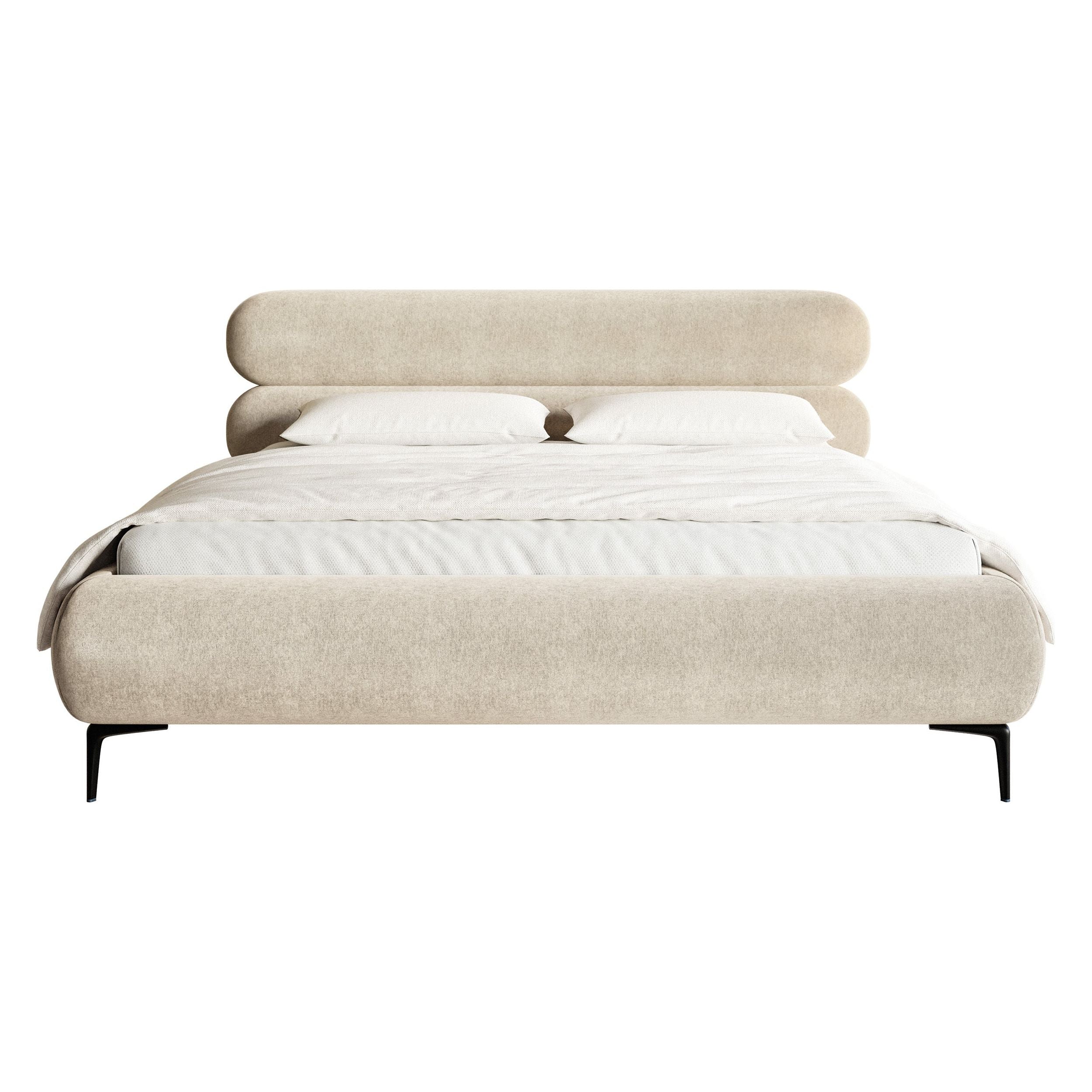 Minkšta lova 160x200 cm ROUL,  šviesi smėlio spalva, su patalynės dėže, aksomas, juodos kojos