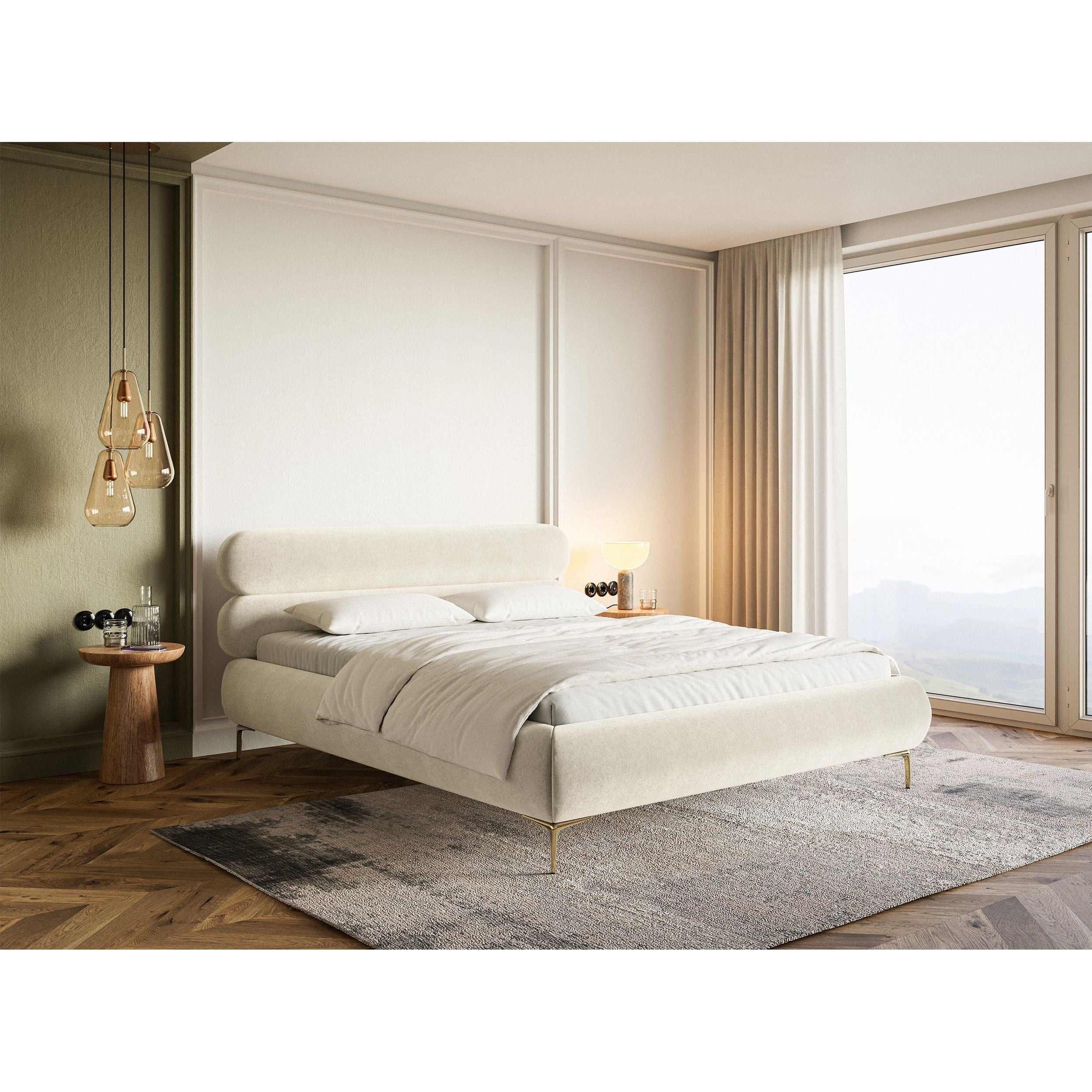 Minkšta lova 180x200 cm ROUL, kreminė spalva, su patalynės dėže, aksomas, auksinės spalvos kojos