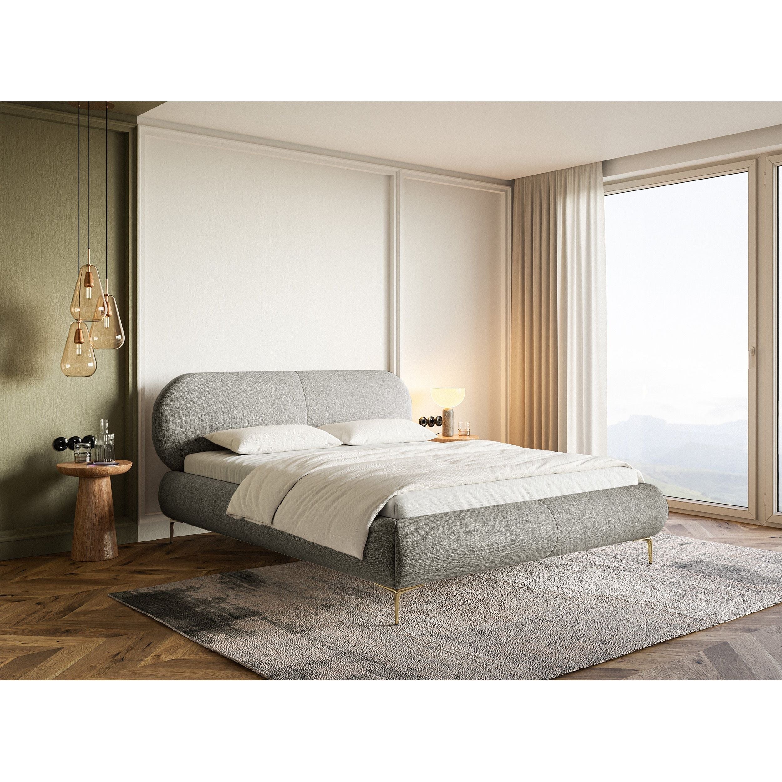 Minkšta lova 180x200 cm AVALLE, pilka spalva, su patalynės dėže, auksinės spalvos kojos