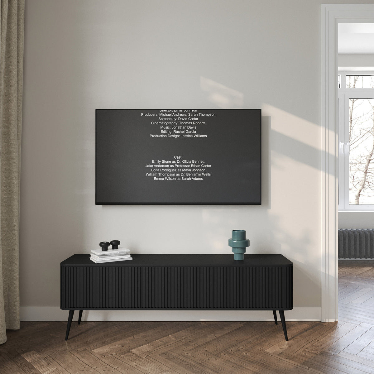 TV spintelė BRENDAN, juoda, 163 cm, juodos kojos, rumbuota
