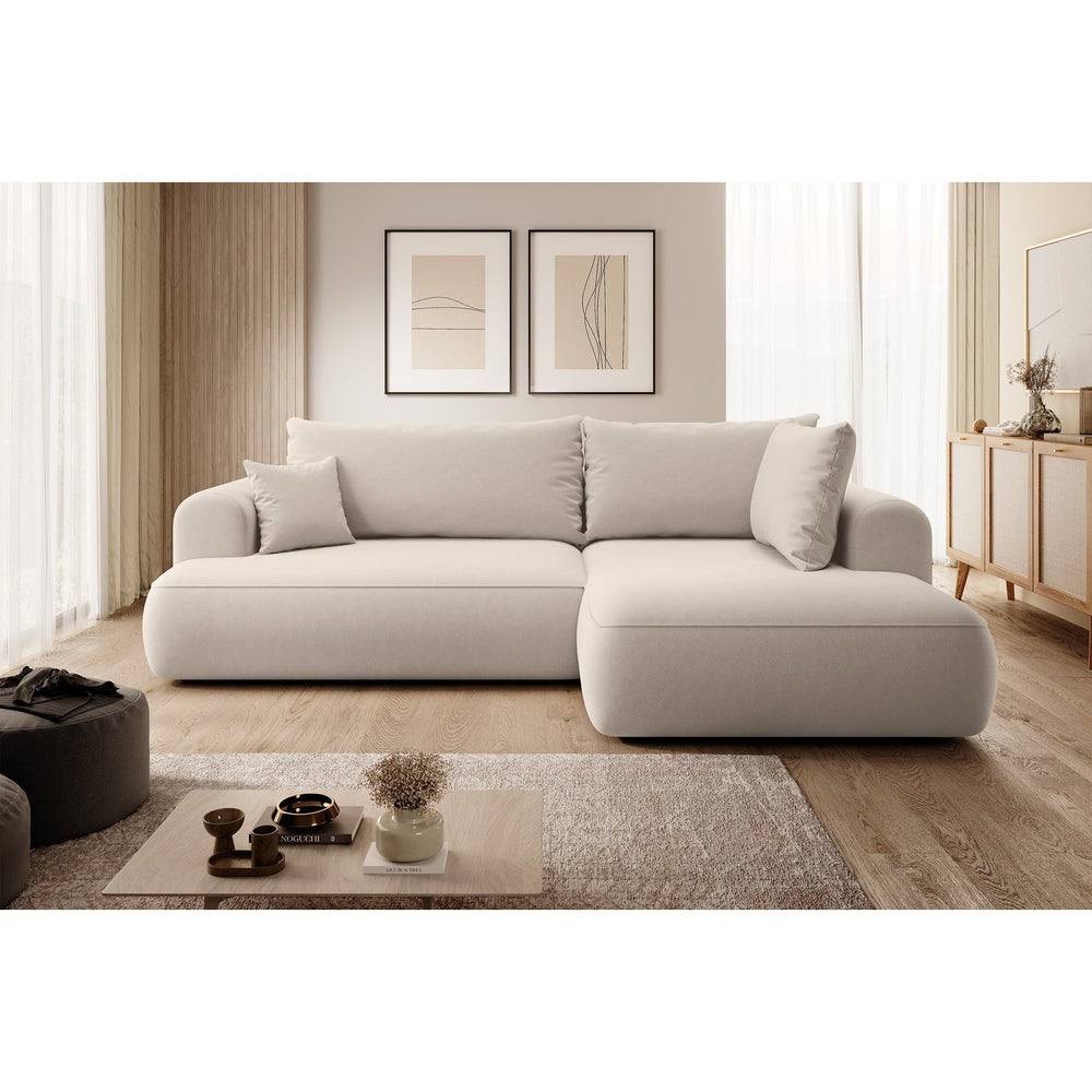 Kampinė sofa-lova CORMAC, šviesiai smėlinė veliūro prie lango