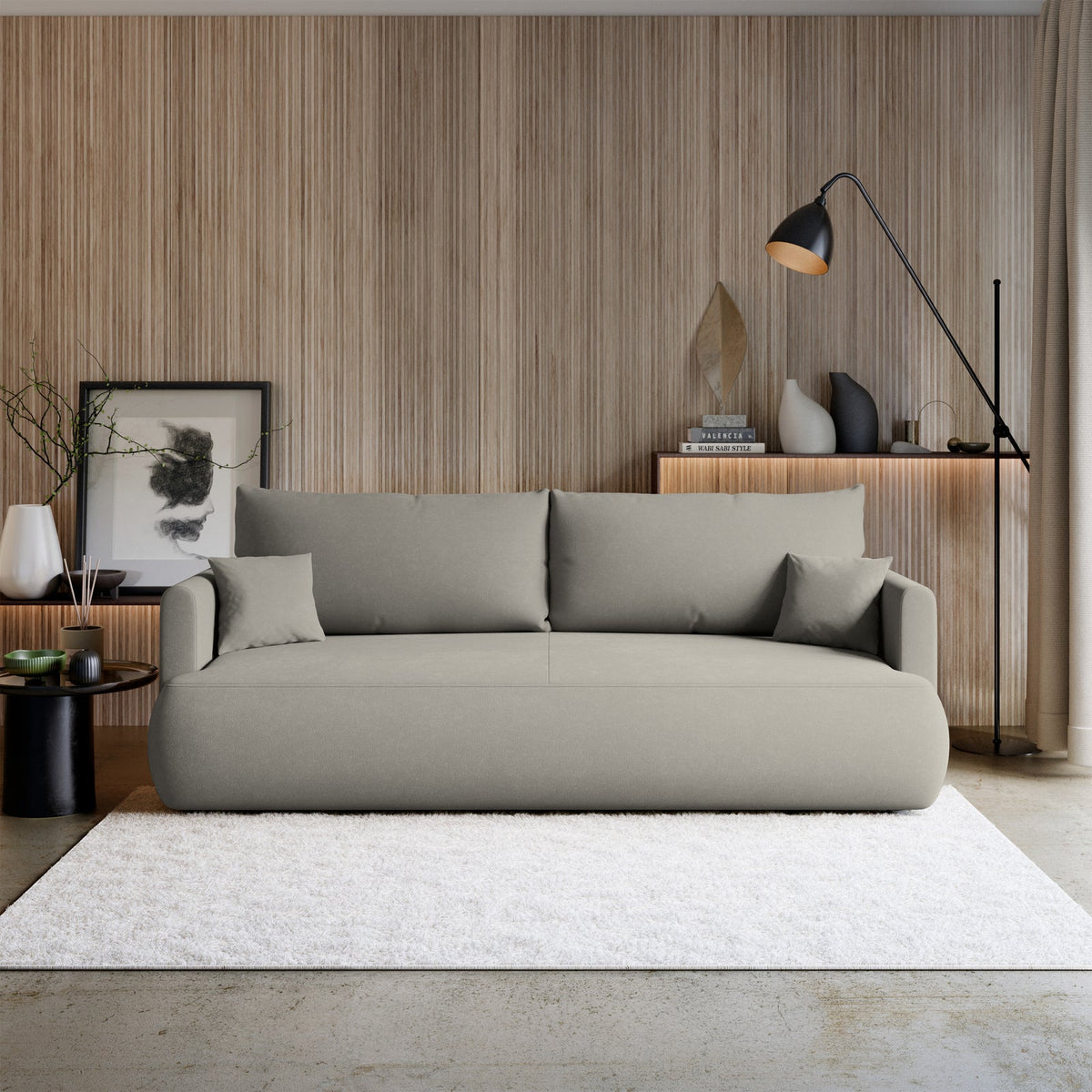 Sofa-lova CORMAC mini realioje aplinkoje, šviesiai pilka