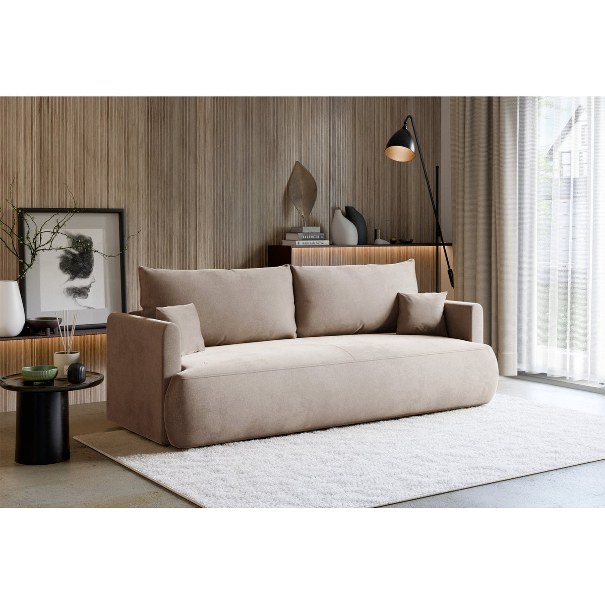 Sofa-lova CORMAC mini, smėlinė veliūro – sėdynės vaizdas
