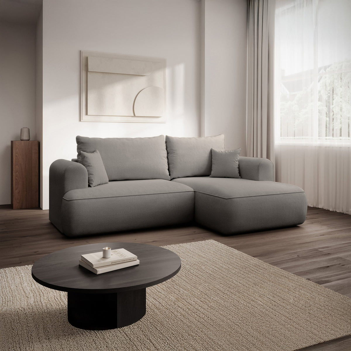 Kampinė sofa CORMAC mini minimalistiniame svetainės interjere