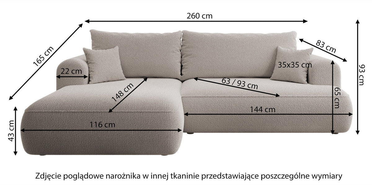 Kampinės sofos CORMAC atidaryta patalynės dėžė
