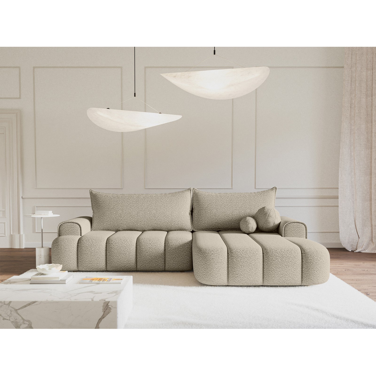 Kampinė sofa-lova DANDELINO, šviesiai smėlinė, dešinė
