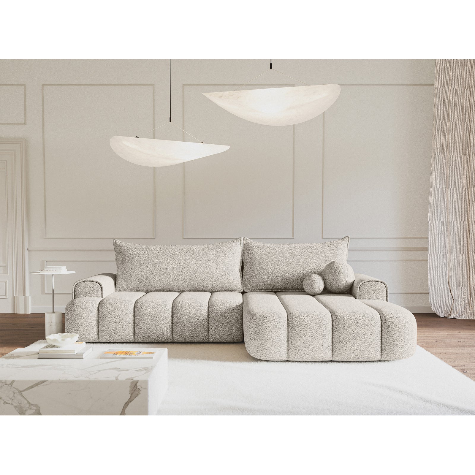 Kampinė sofa-lova DANDELINO, kreminė, dešinė