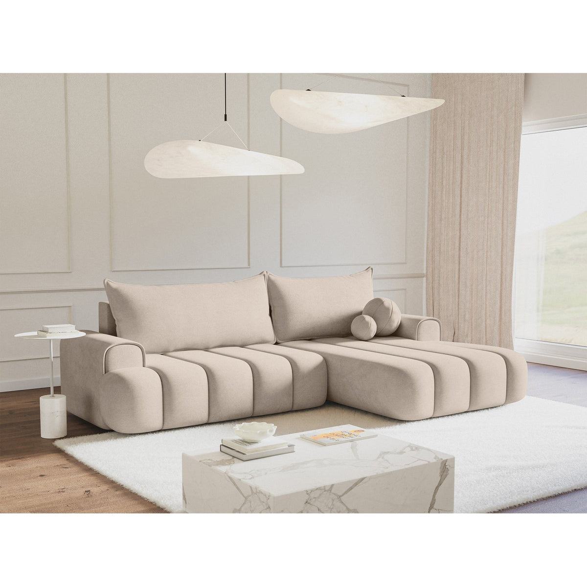 Kampinė sofa ELIN, pilkai smėlinis veliūras – durelių vidus