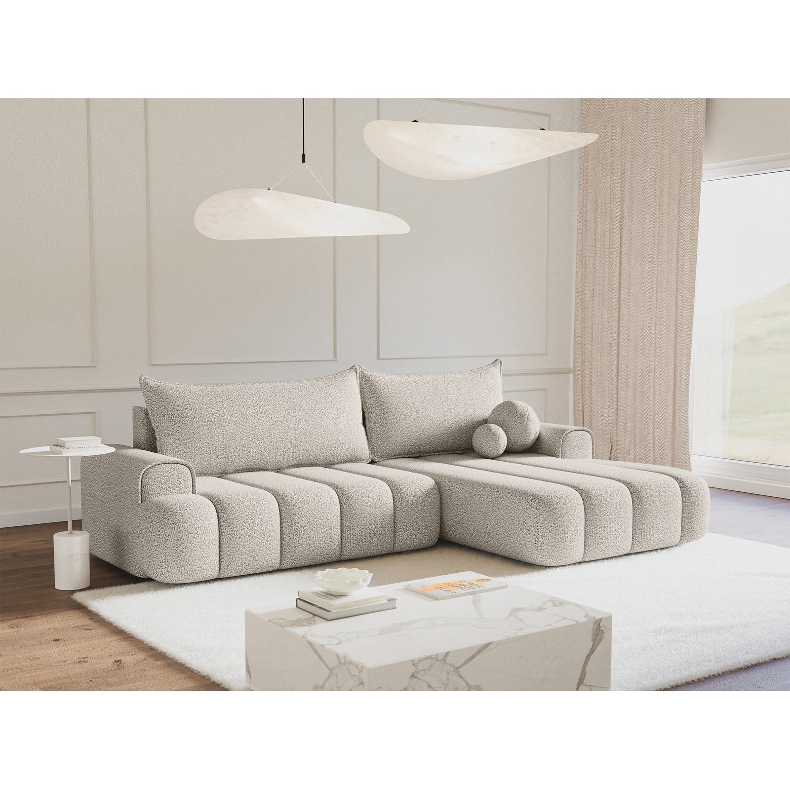 Kampinė sofa-lova DANDELINO, kreminė, dešinė