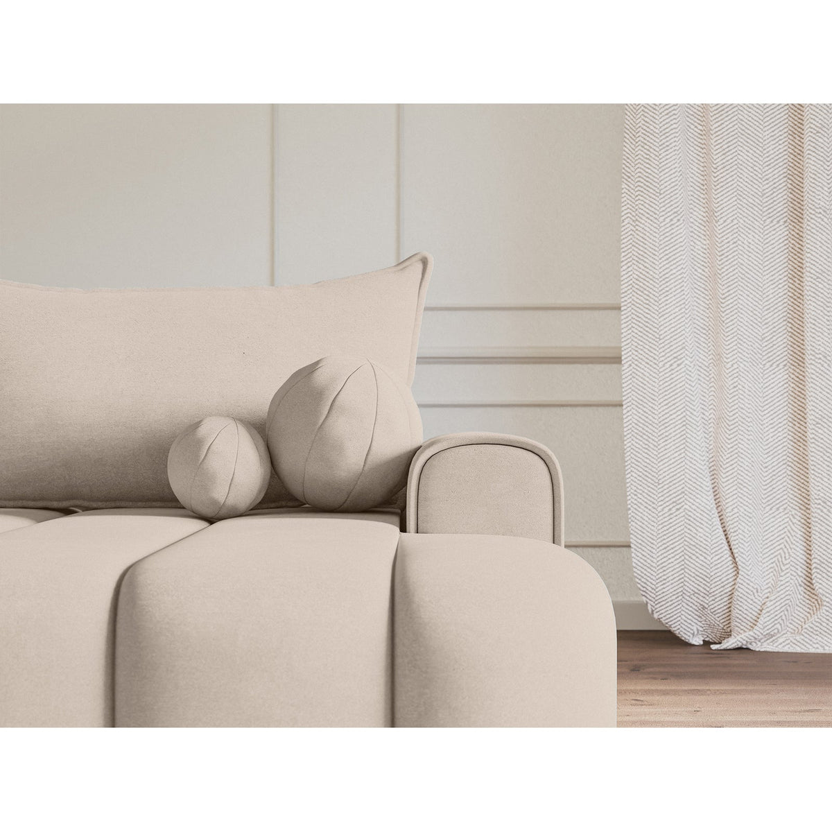 Kampinė sofa ELIN, pilkai smėlinis veliūras – pilnas dydžio vaizdas