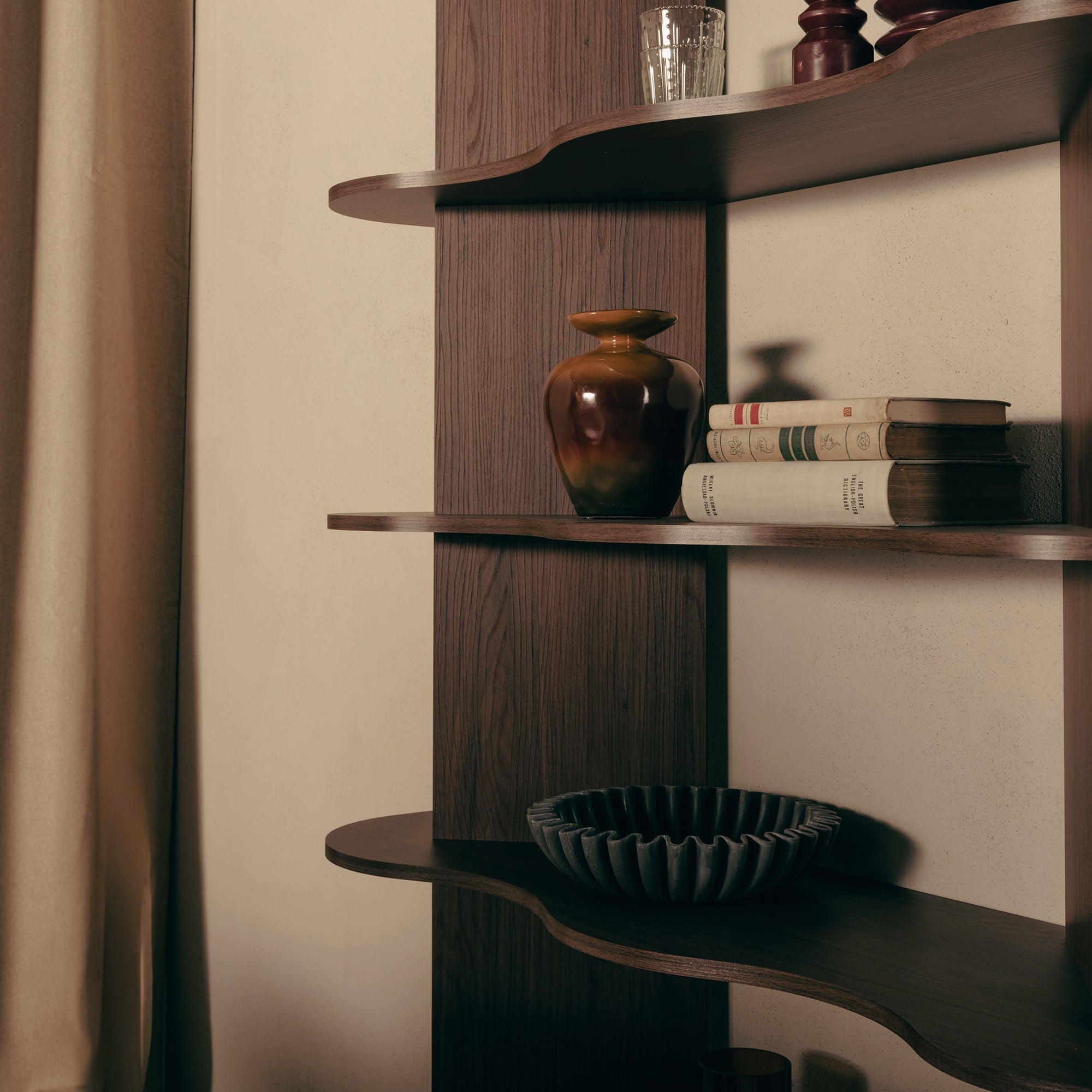 Shelving unit SELENE, tall, walnut, wavy