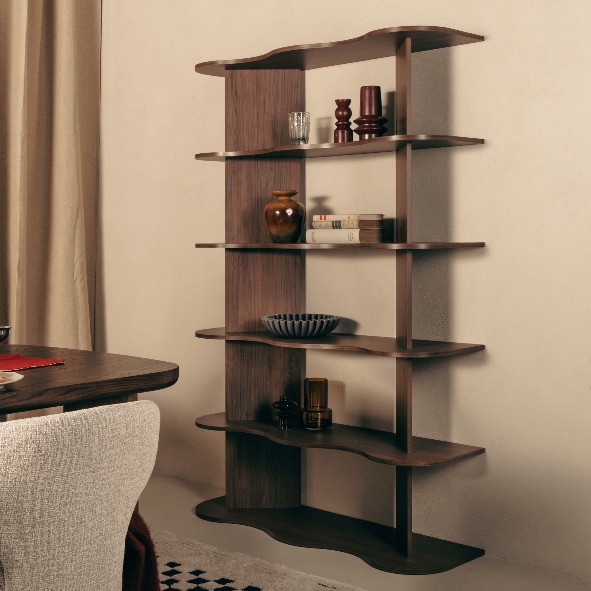 Shelving unit SELENE, tall, walnut, wavy