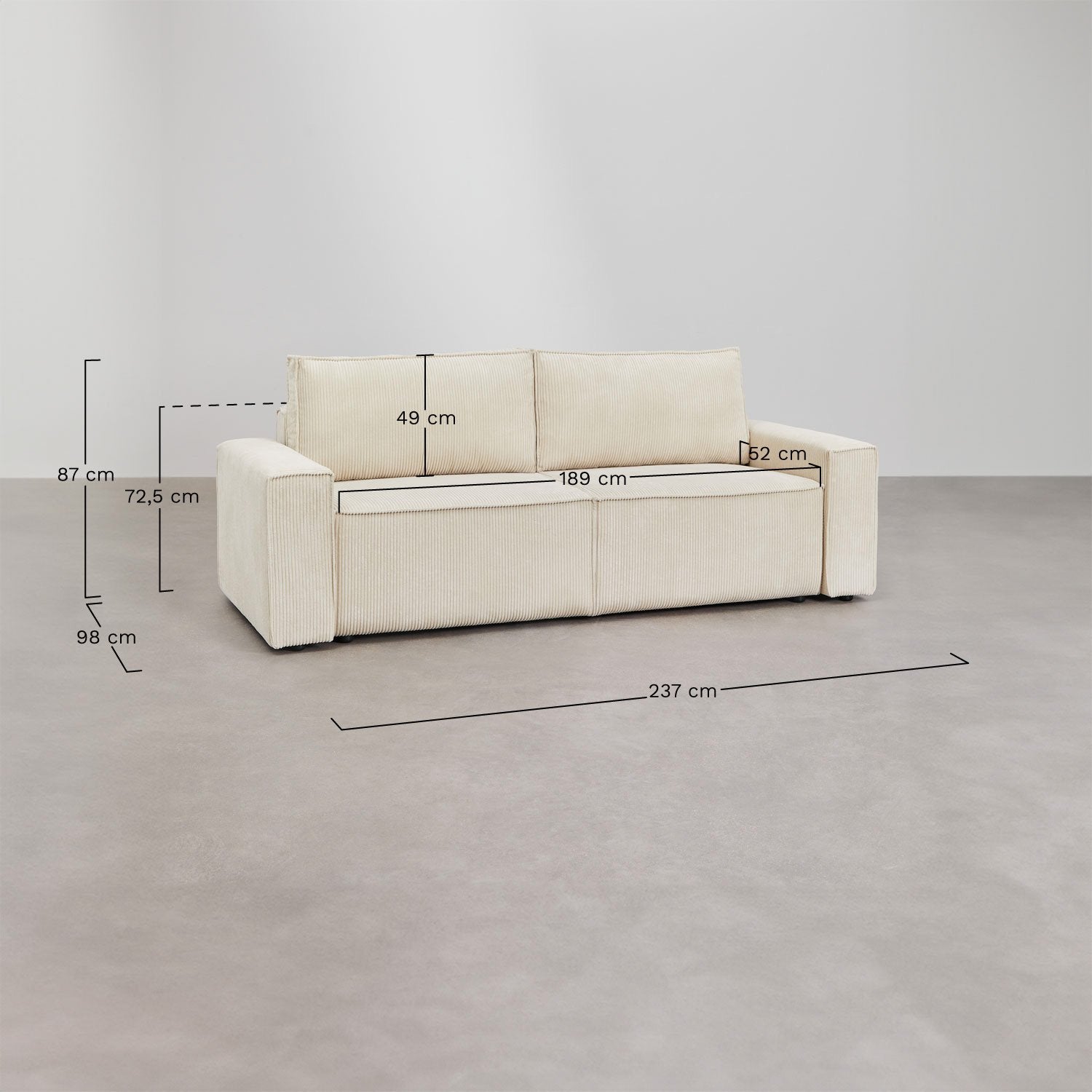 Trivietė sofa TAMLO su miegama funkcija, štruksas, kreminė