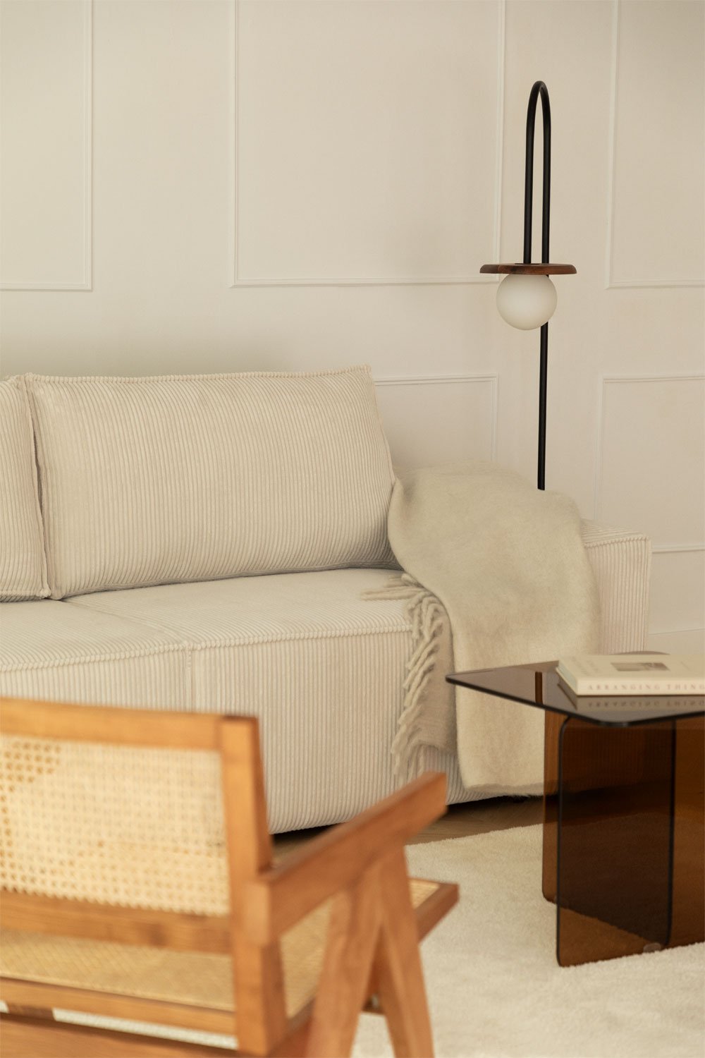 Trivietė sofa TAMLO su miegama funkcija, štruksas, kreminė