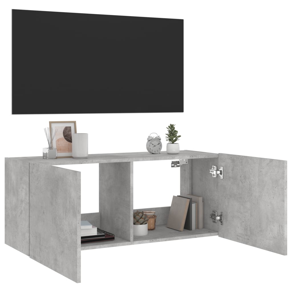 Sieninė TV spintelė su LED lemputėmis, betono, 100x35x41cm - Namų Idėja