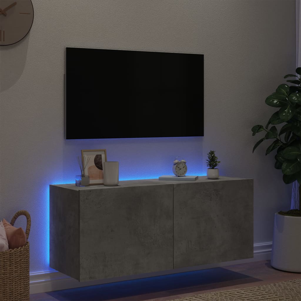 Sieninė TV spintelė su LED lemputėmis, betono, 100x35x41cm - Namų Idėja