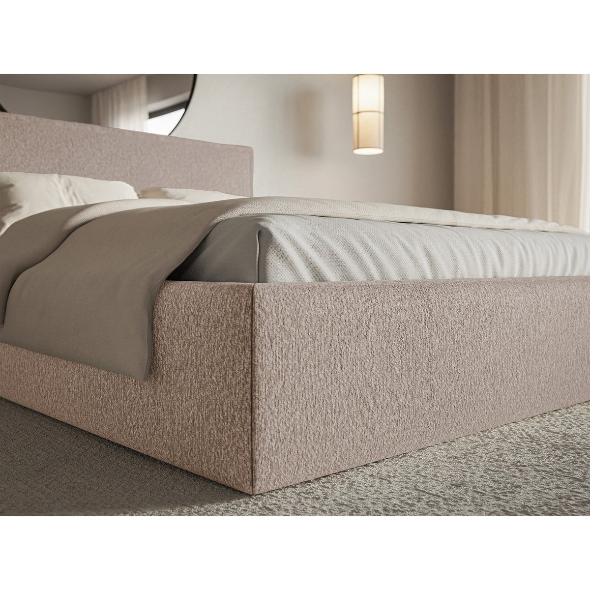 Minkšta lova SOFTIE SLIM, tamsiai smėlinis šenilas – medžio tekstūros detalė