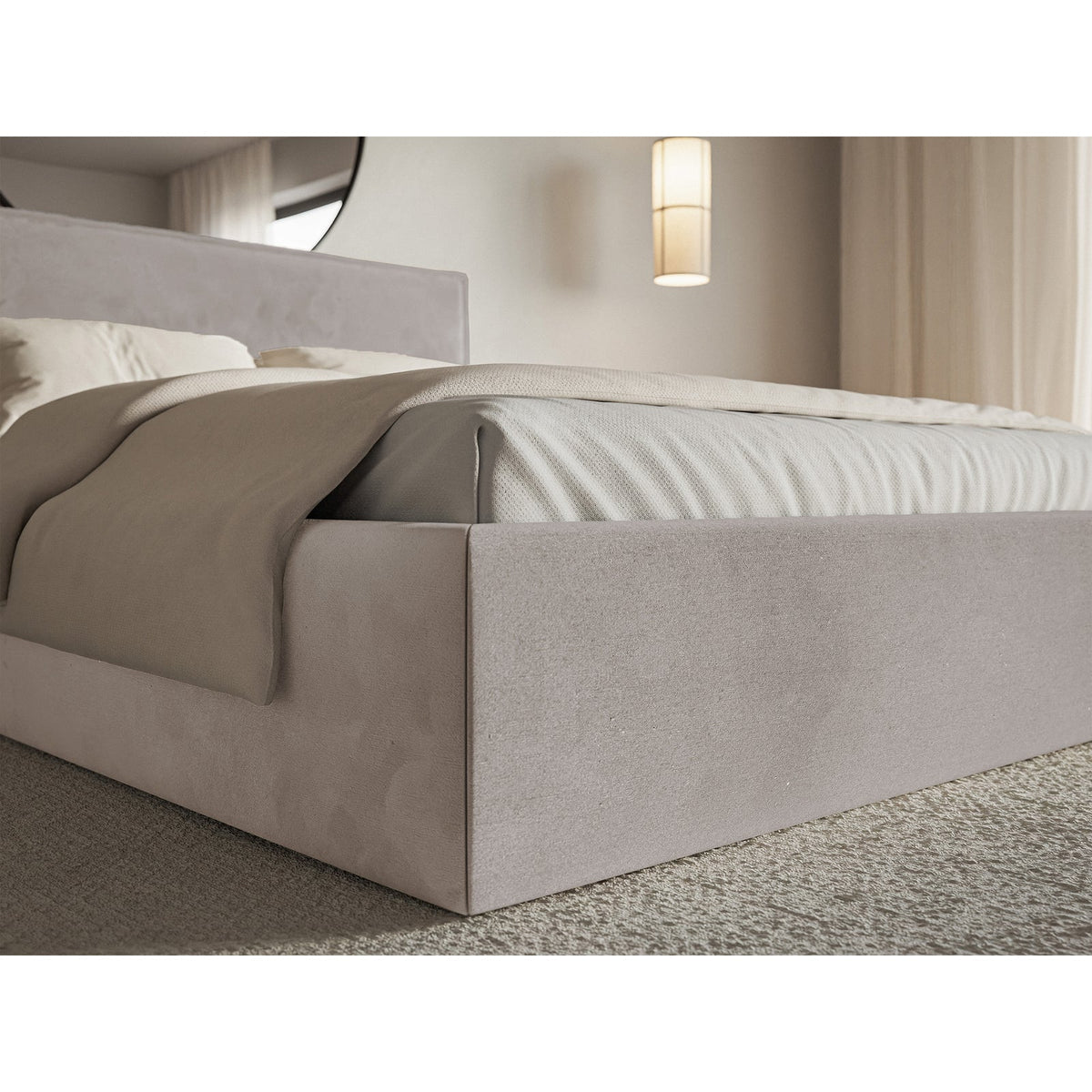 Minkšta lova SOFTIE SLIM, pilkrusvai smėlinis veliūras detalus vaizdas