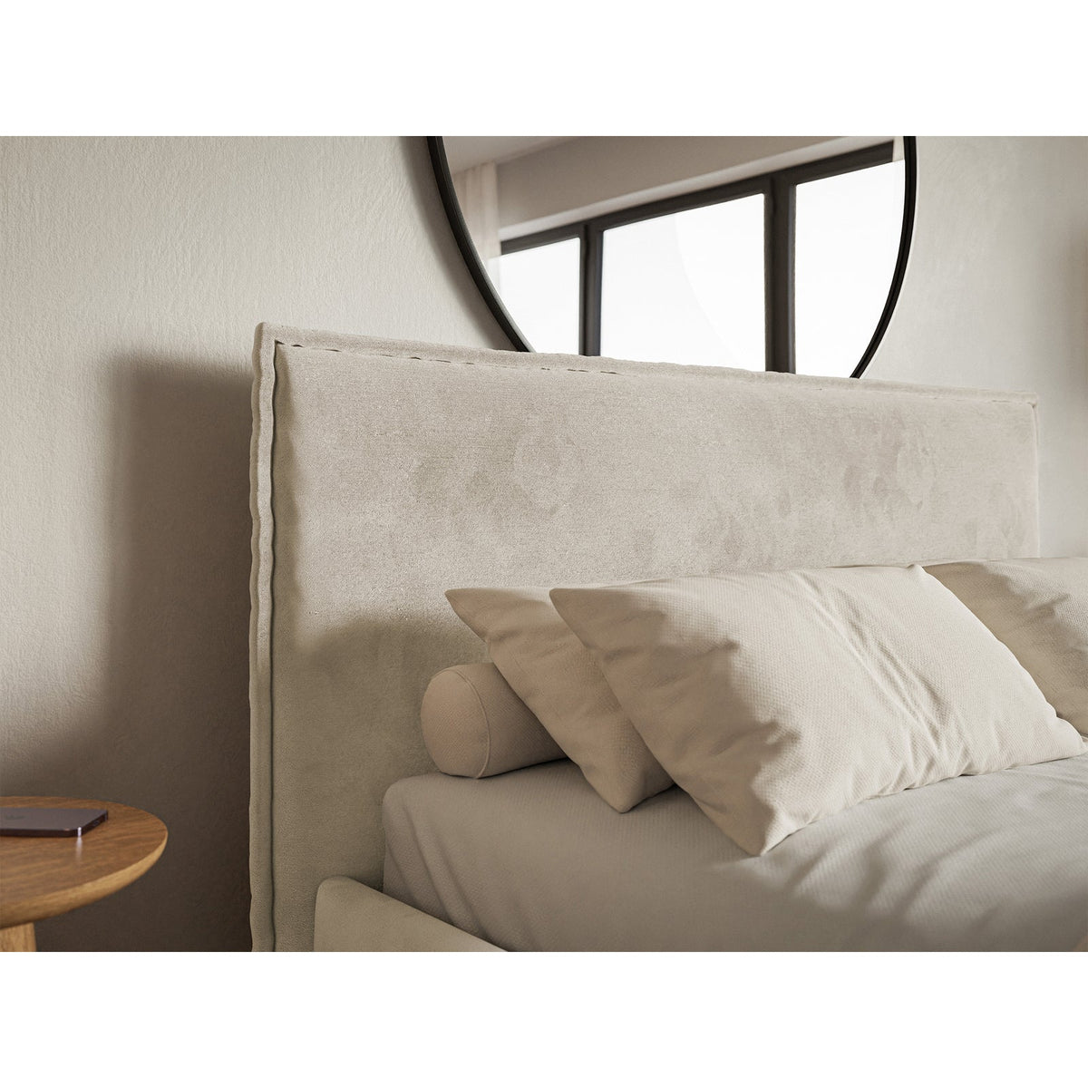Minkšta lova SOFTIE SLIM, smėlinis veliūras valgomojo zonoje