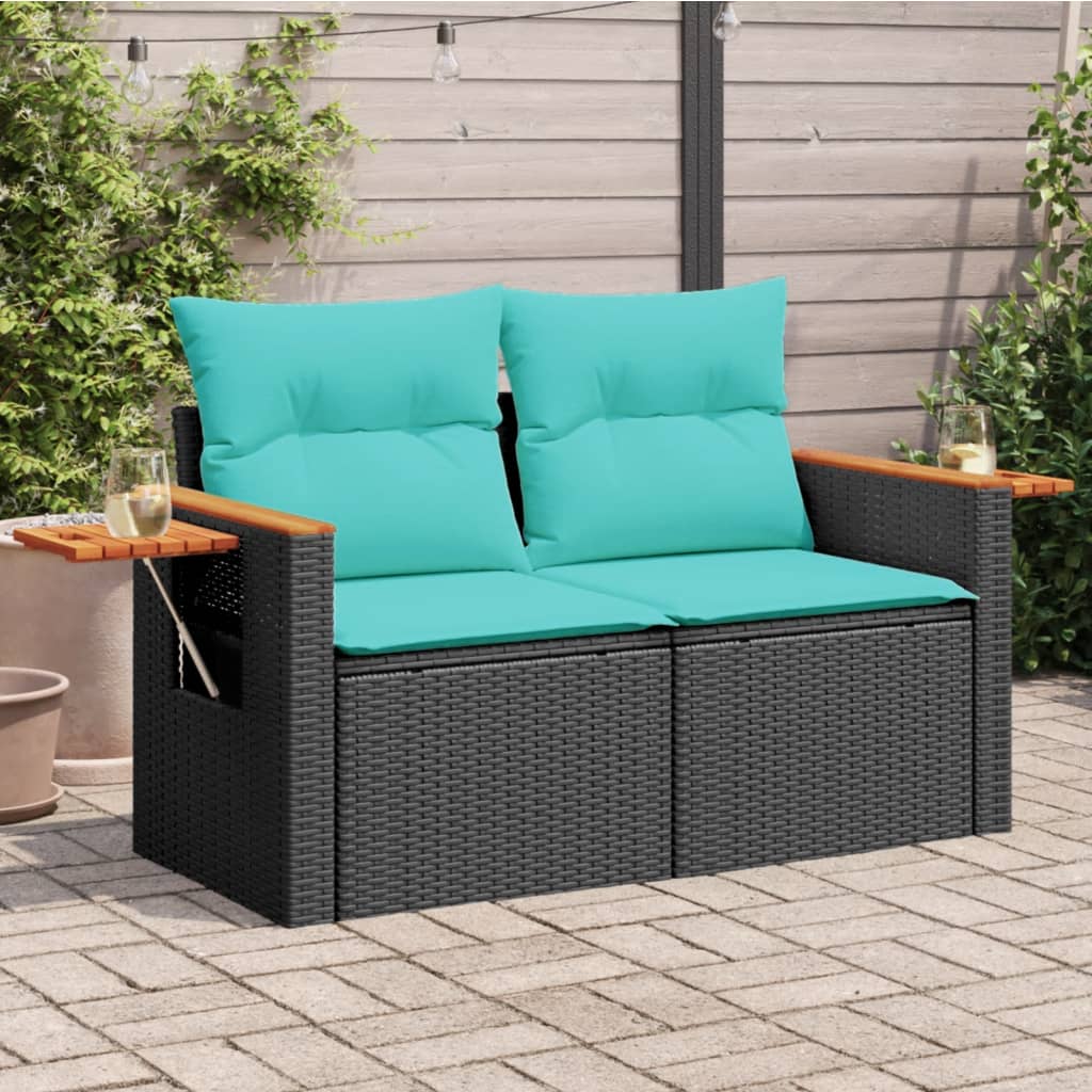 Sodo sofa su pagalvėlėmis, dvivietė, juoda, polirotangas - Namų Idėja