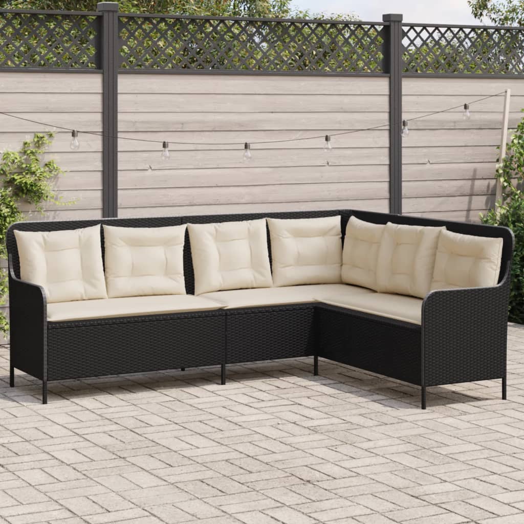 Sodo sofa su pagalvėlėmis, juoda, poliratanas, L formos - Namų Idėja
